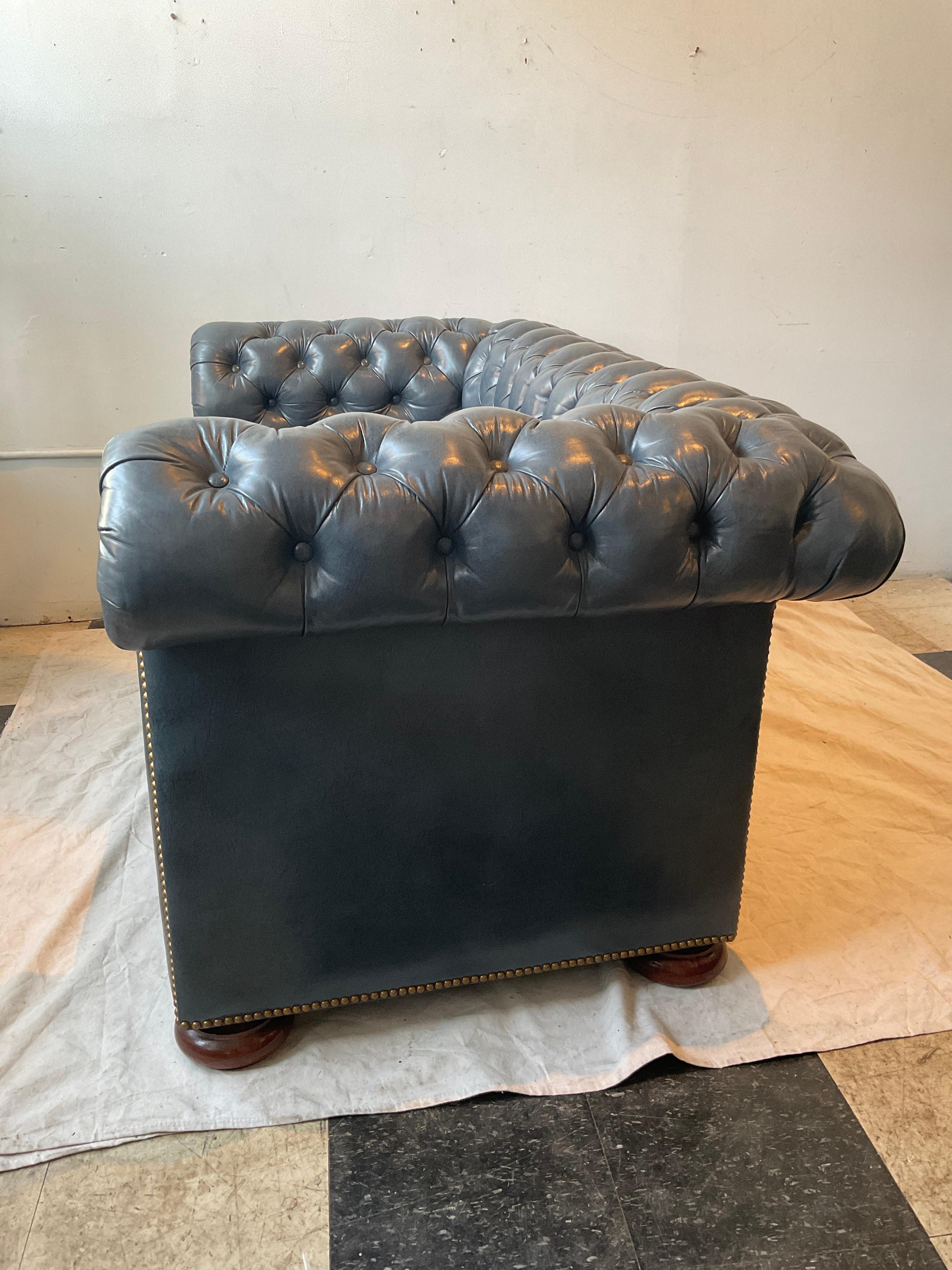 Contemporary Hickory Chair  Blue Leather  Chesterfield Loveseat