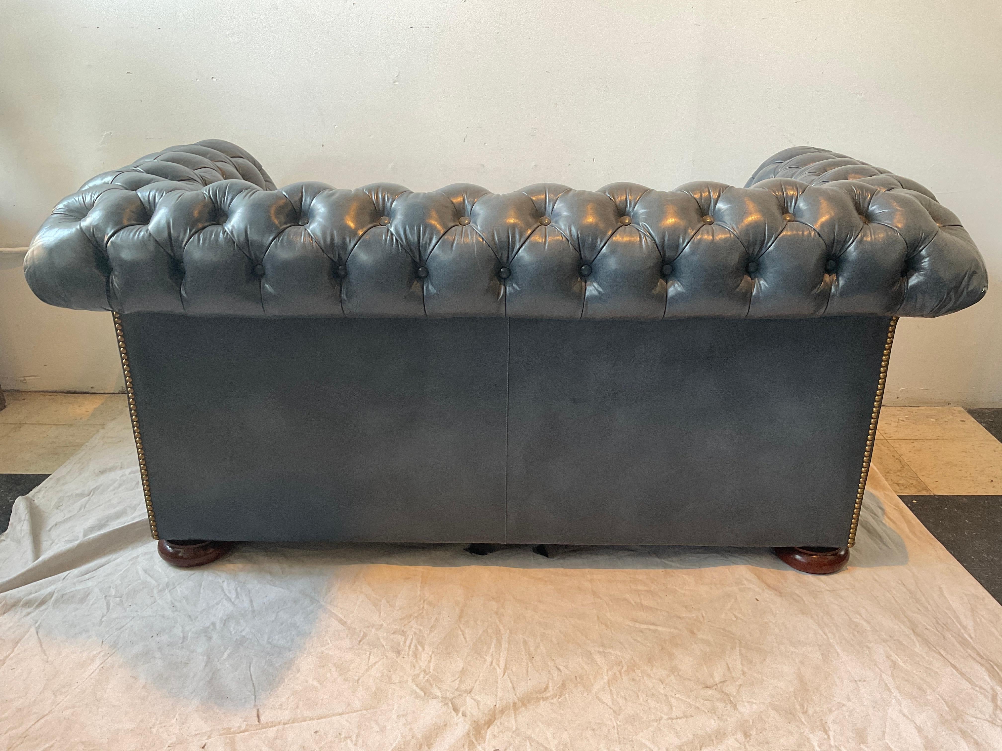 Hickory Chair  Blue Leather  Chesterfield Loveseat 2