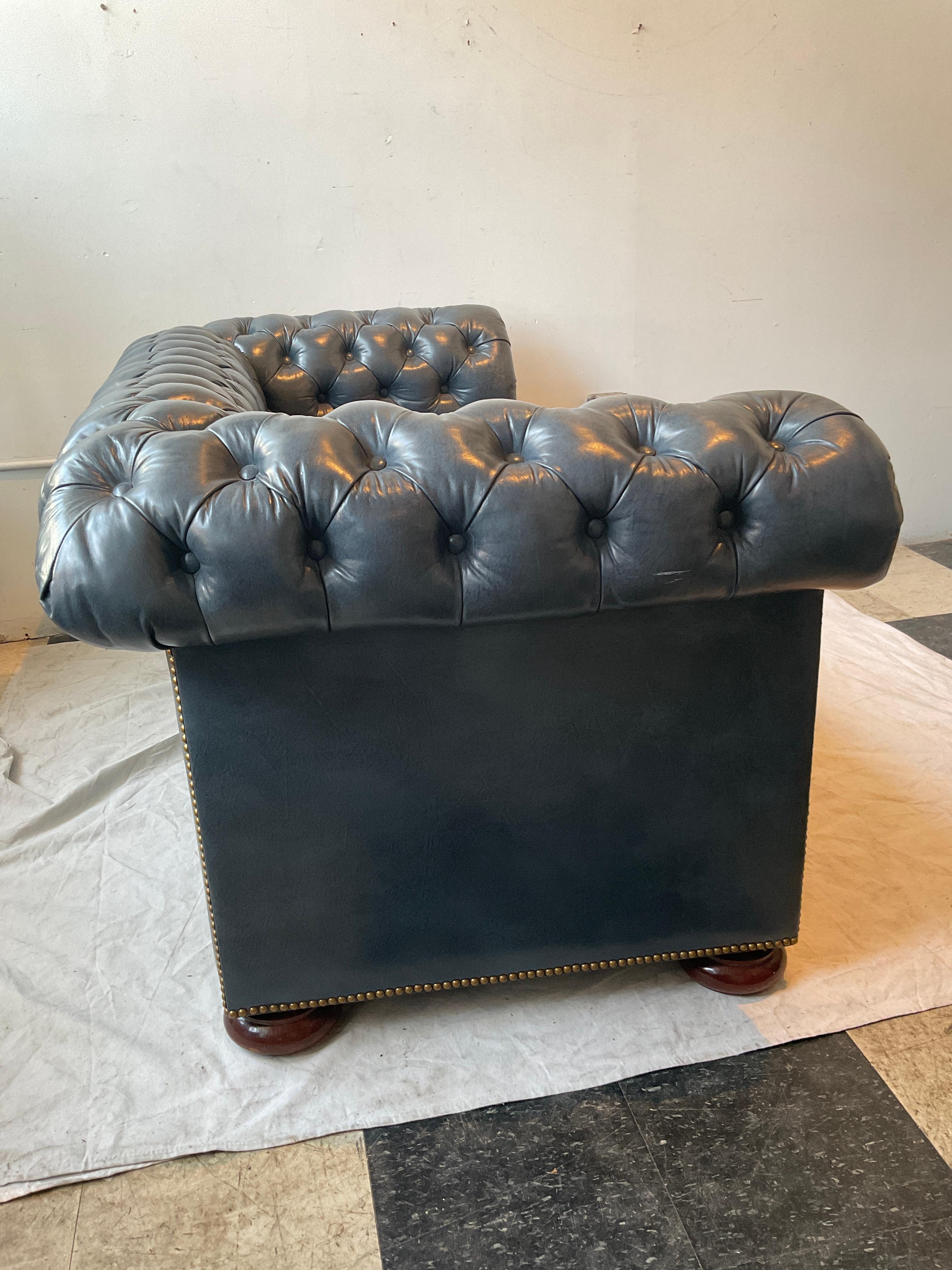 Hickory Chair  Blue Leather  Chesterfield Loveseat 3