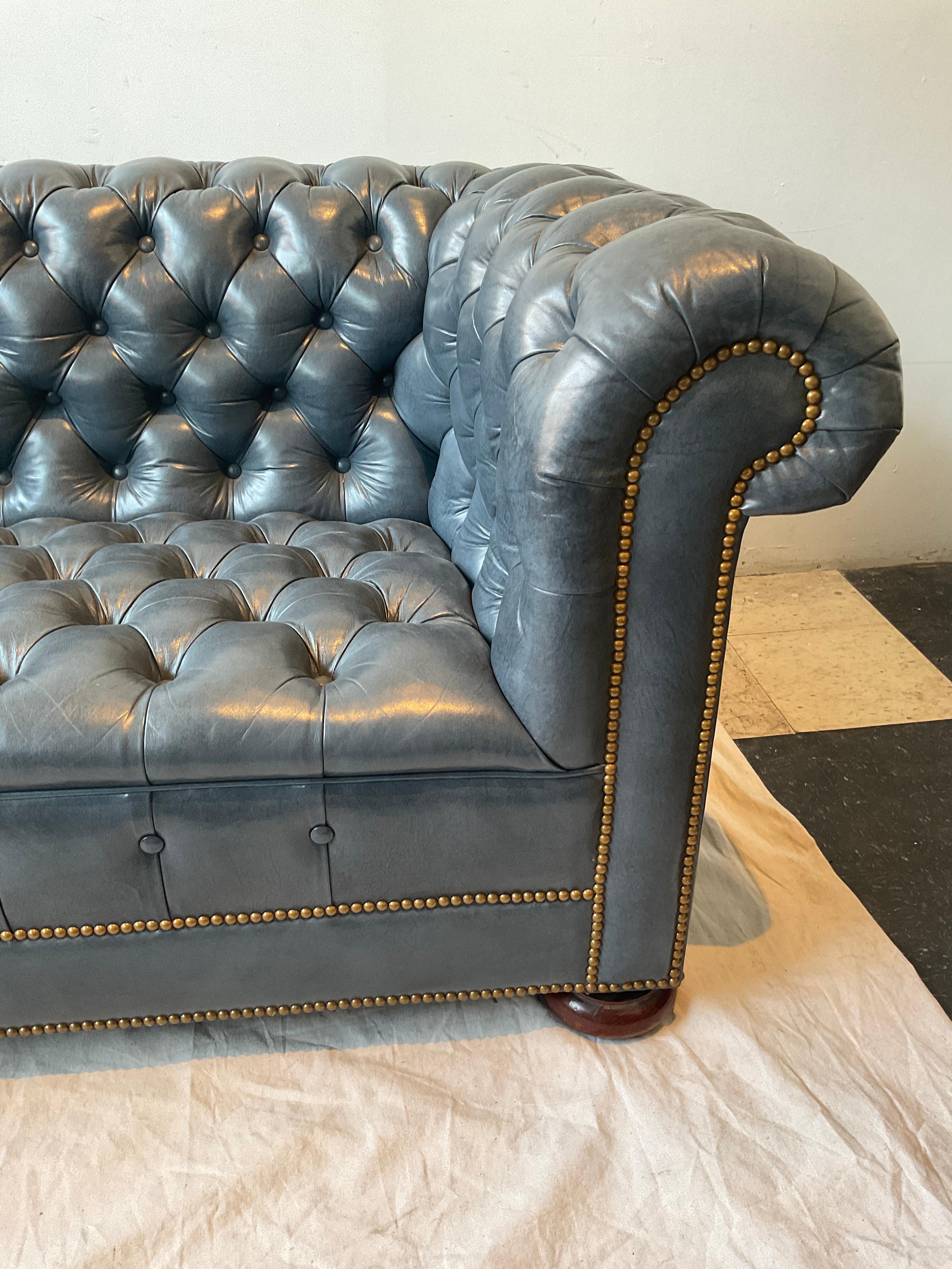 Hickory Chair  Blue Leather  Chesterfield Loveseat 4