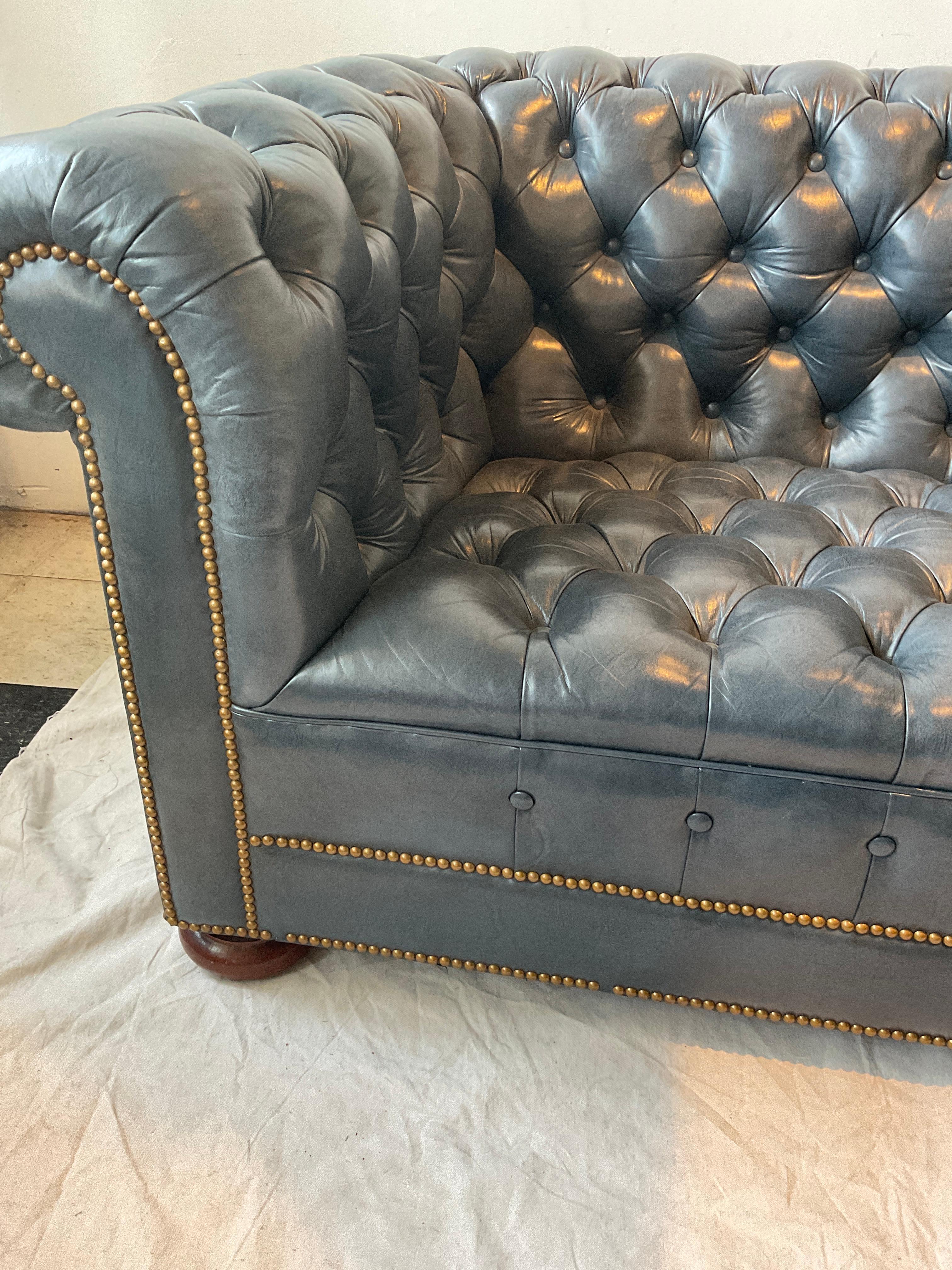 Hickory Chair  Blue Leather  Chesterfield Loveseat 5