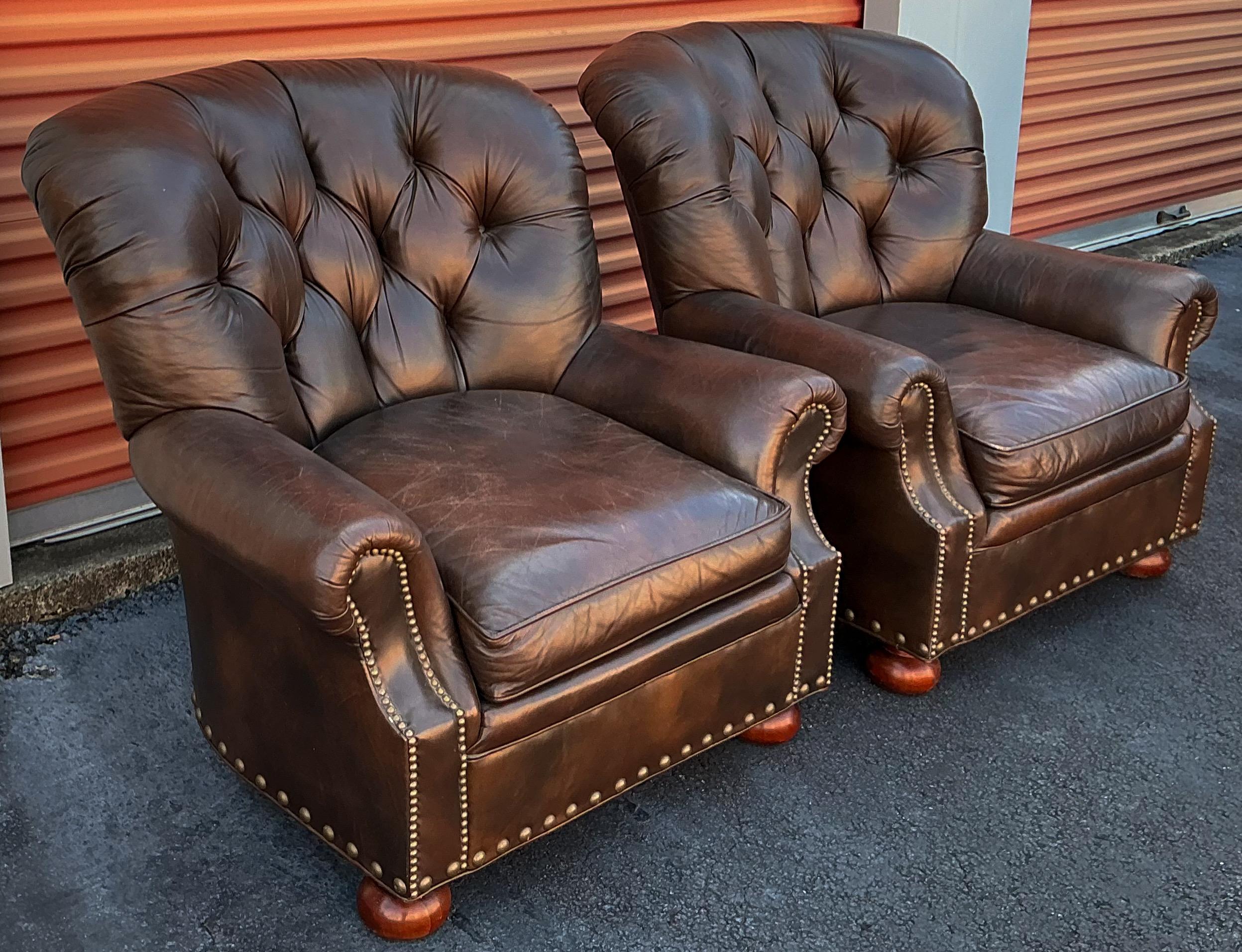 American Hickory Chair Chesterfield Style Tufted Brown Leather Club Chairs - Pair