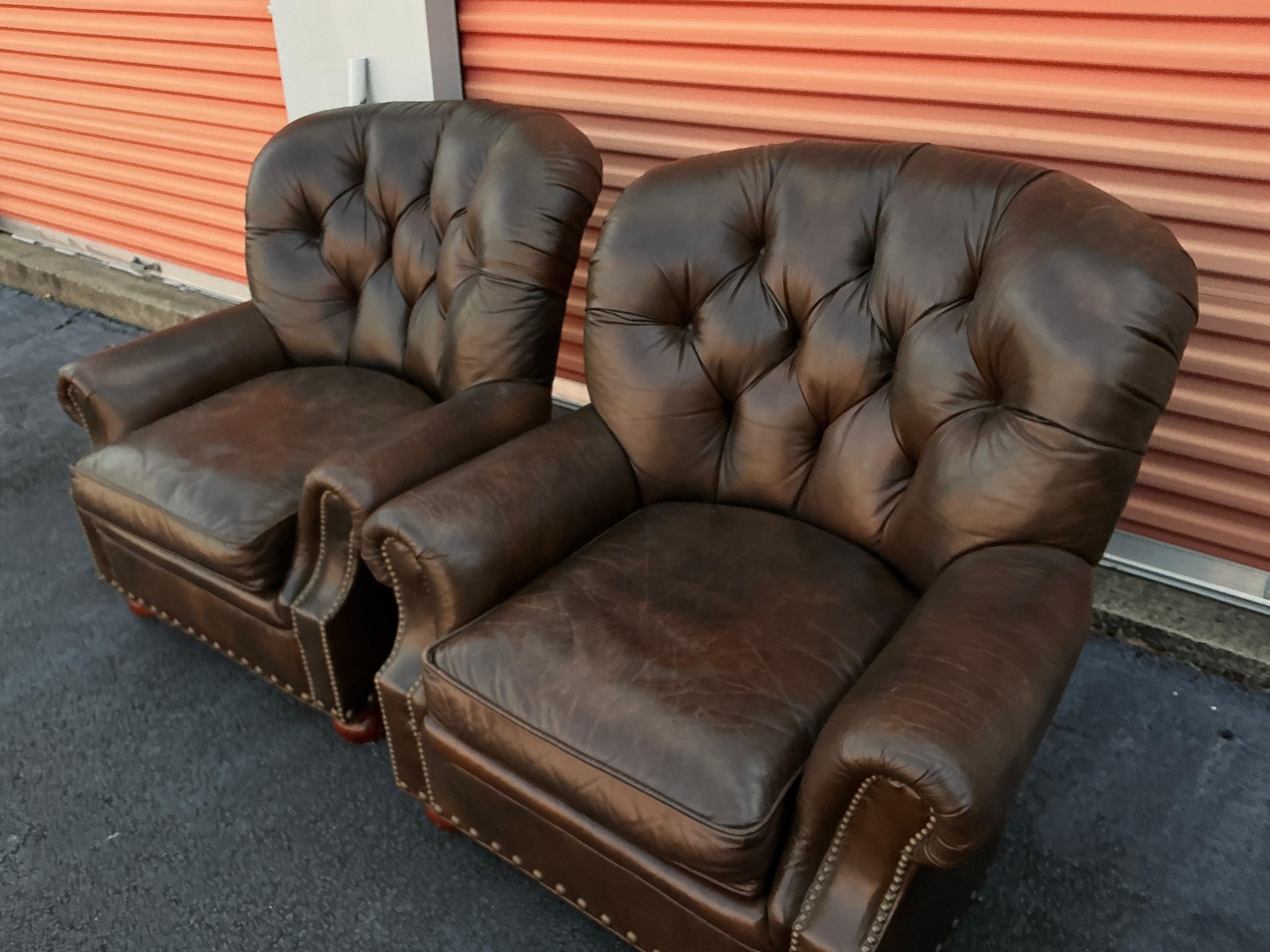 Hickory Chair Chesterfield Style Tufted Brown Leather Club Chairs - Pair In Good Condition In Kennesaw, GA