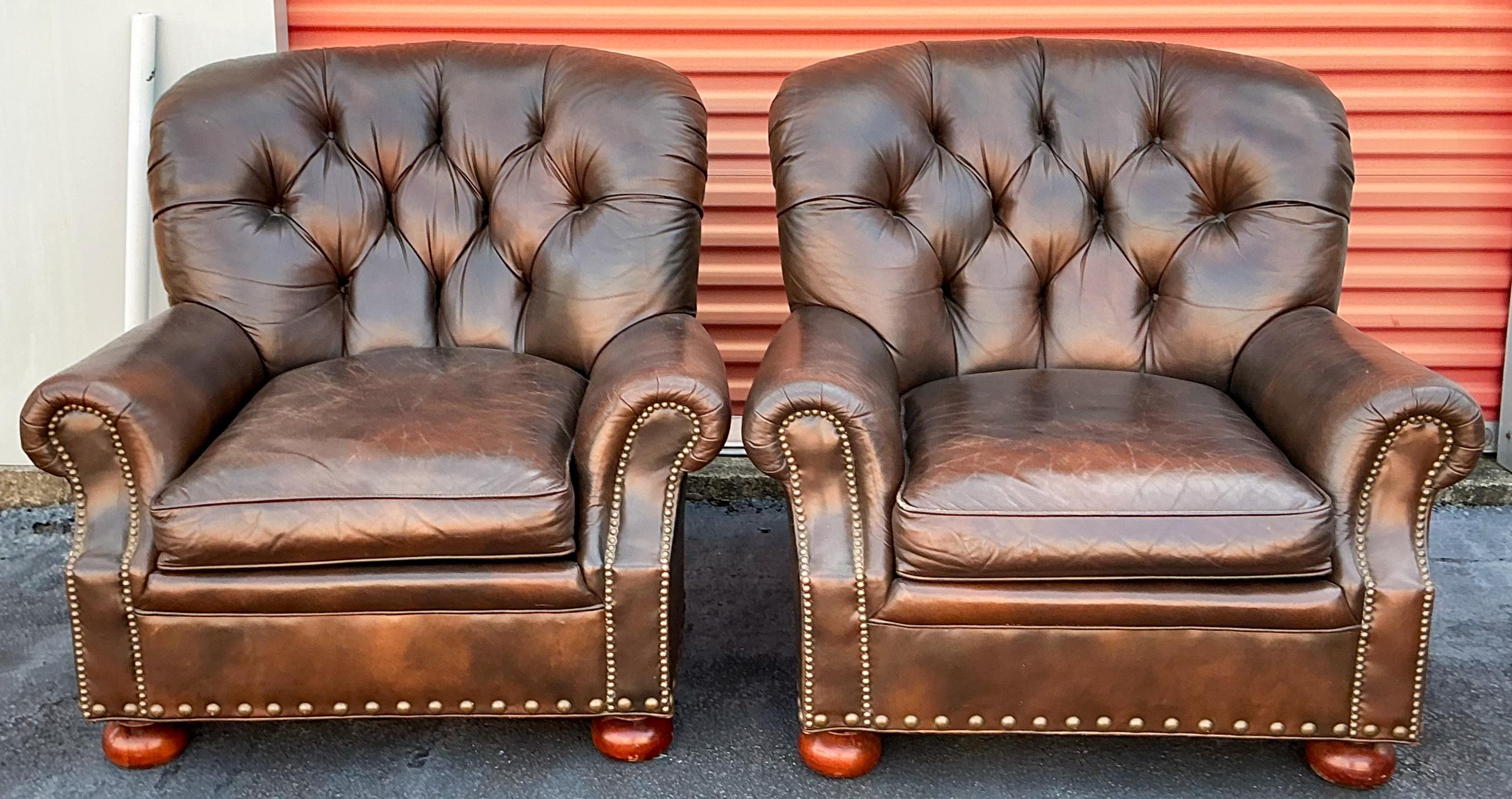 20th Century Hickory Chair Chesterfield Style Tufted Brown Leather Club Chairs - Pair