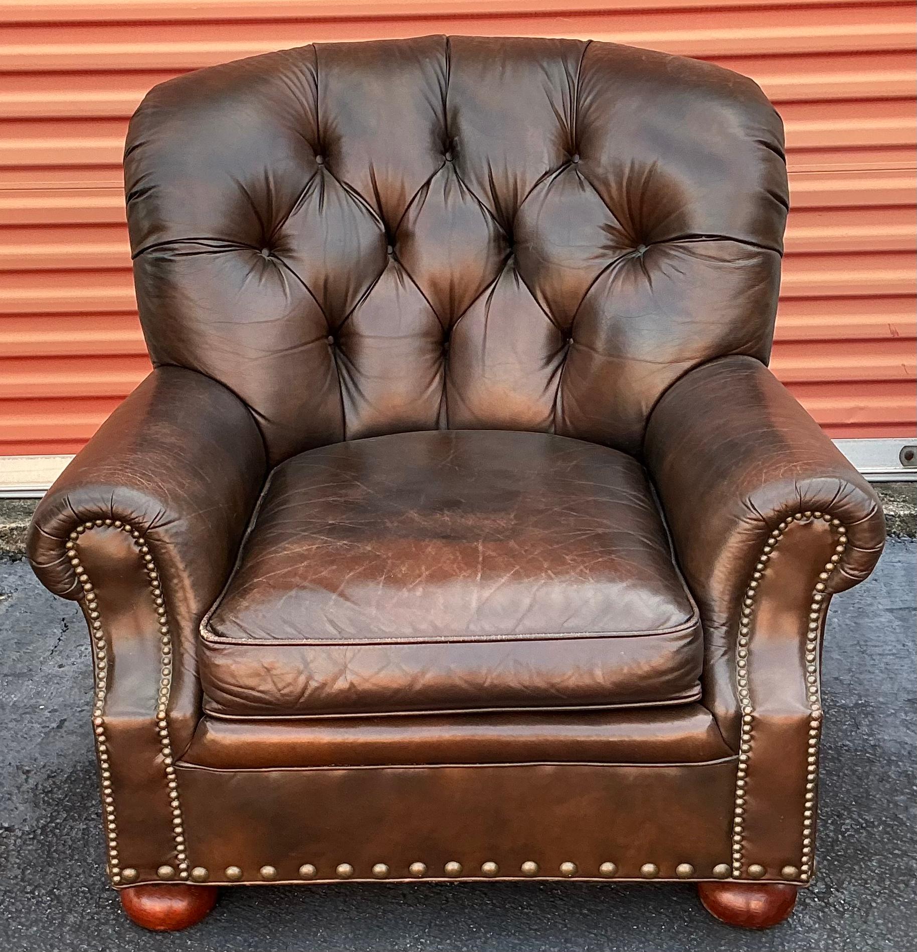 Hickory Chair Chesterfield Style Tufted Brown Leather Club Chairs - Pair 1