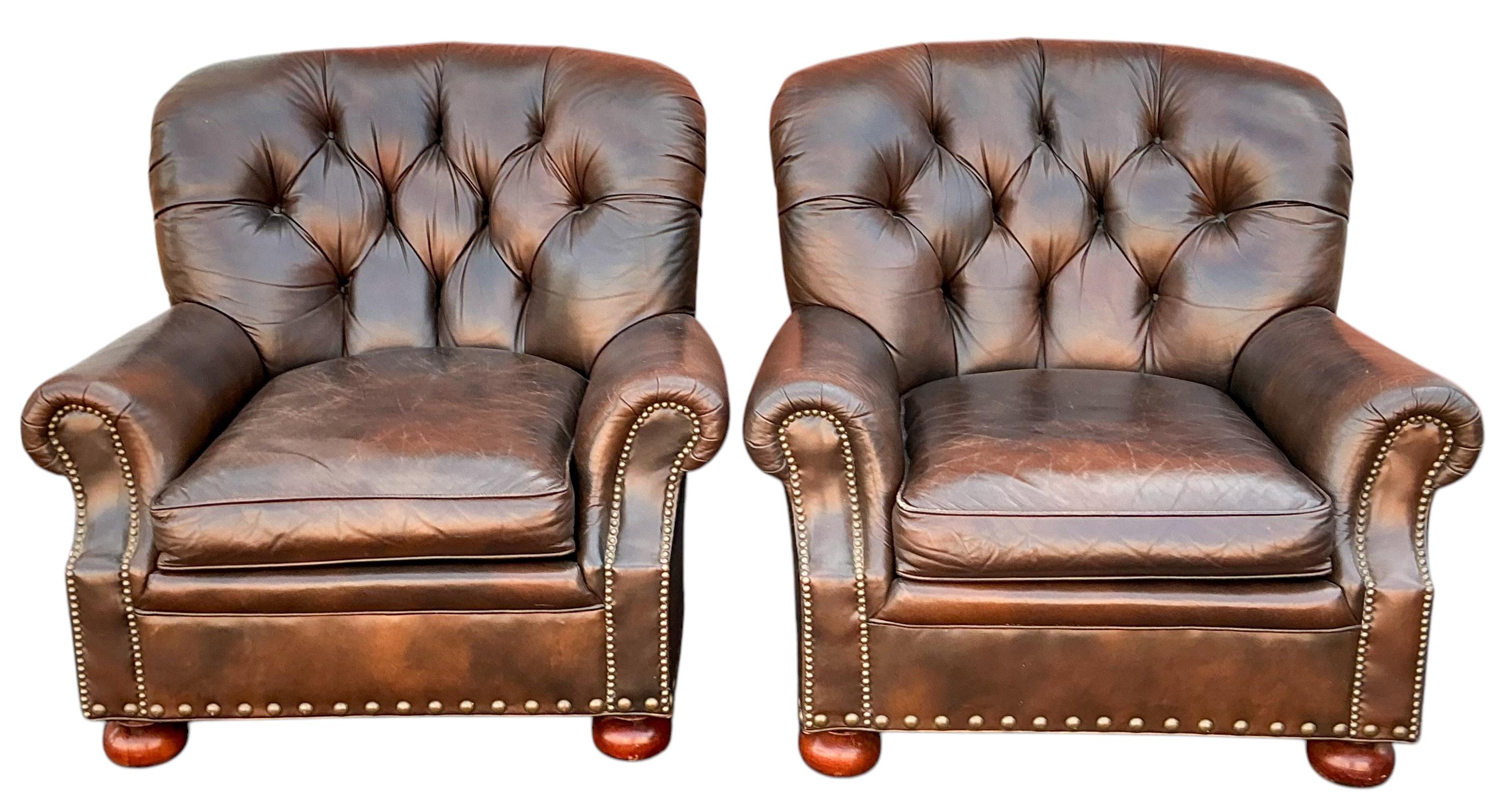Hickory Chair Chesterfield Style Tufted Brown Leather Club Chairs - Pair 3