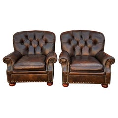 Hickory Chair Chesterfield Style Tufted Brown Leather Club Chairs - Pair