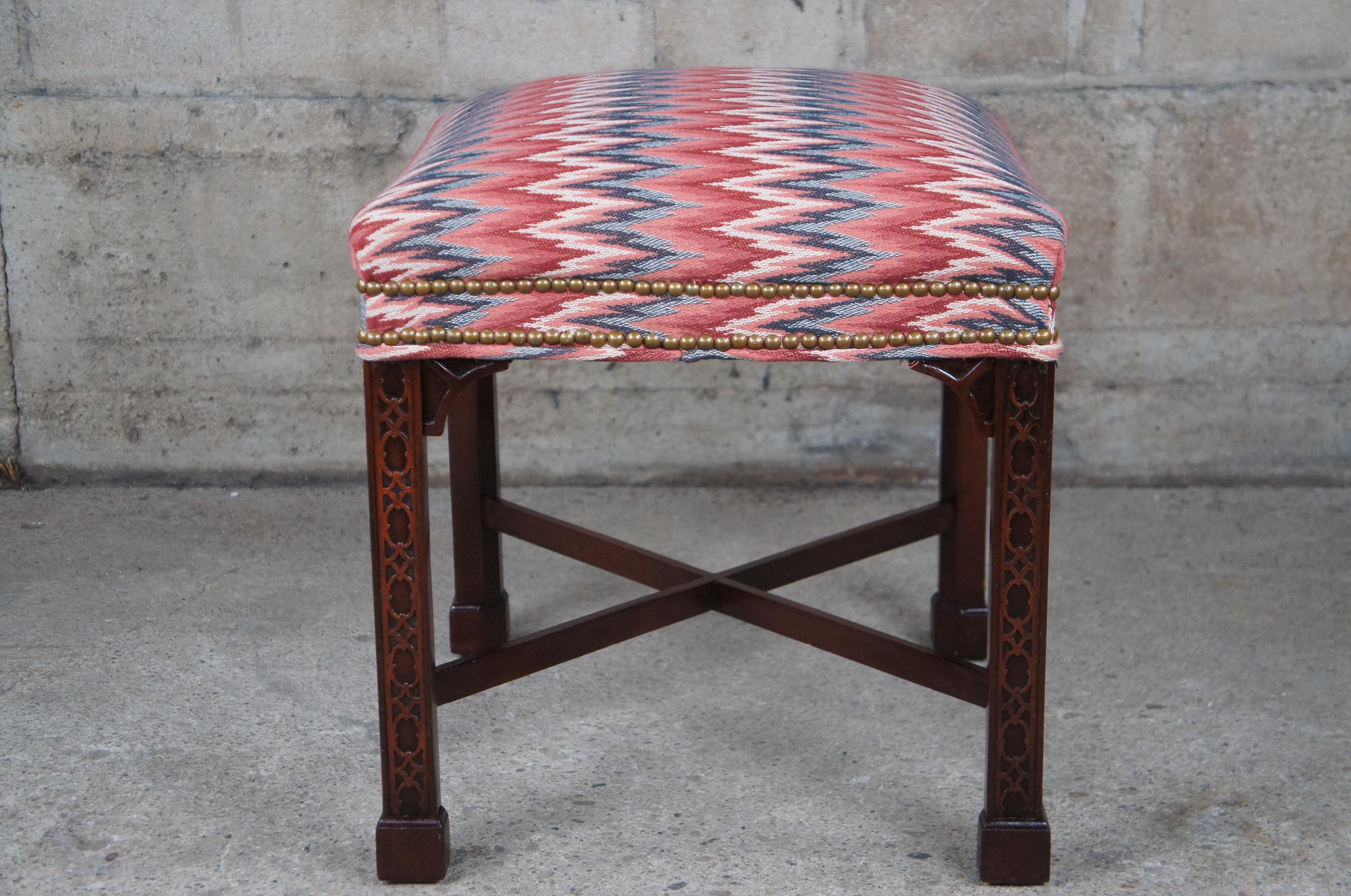 Hickory Chair Chinese Chippendale Mahogany Foot Stool Chevron Fabric Ottoman 7