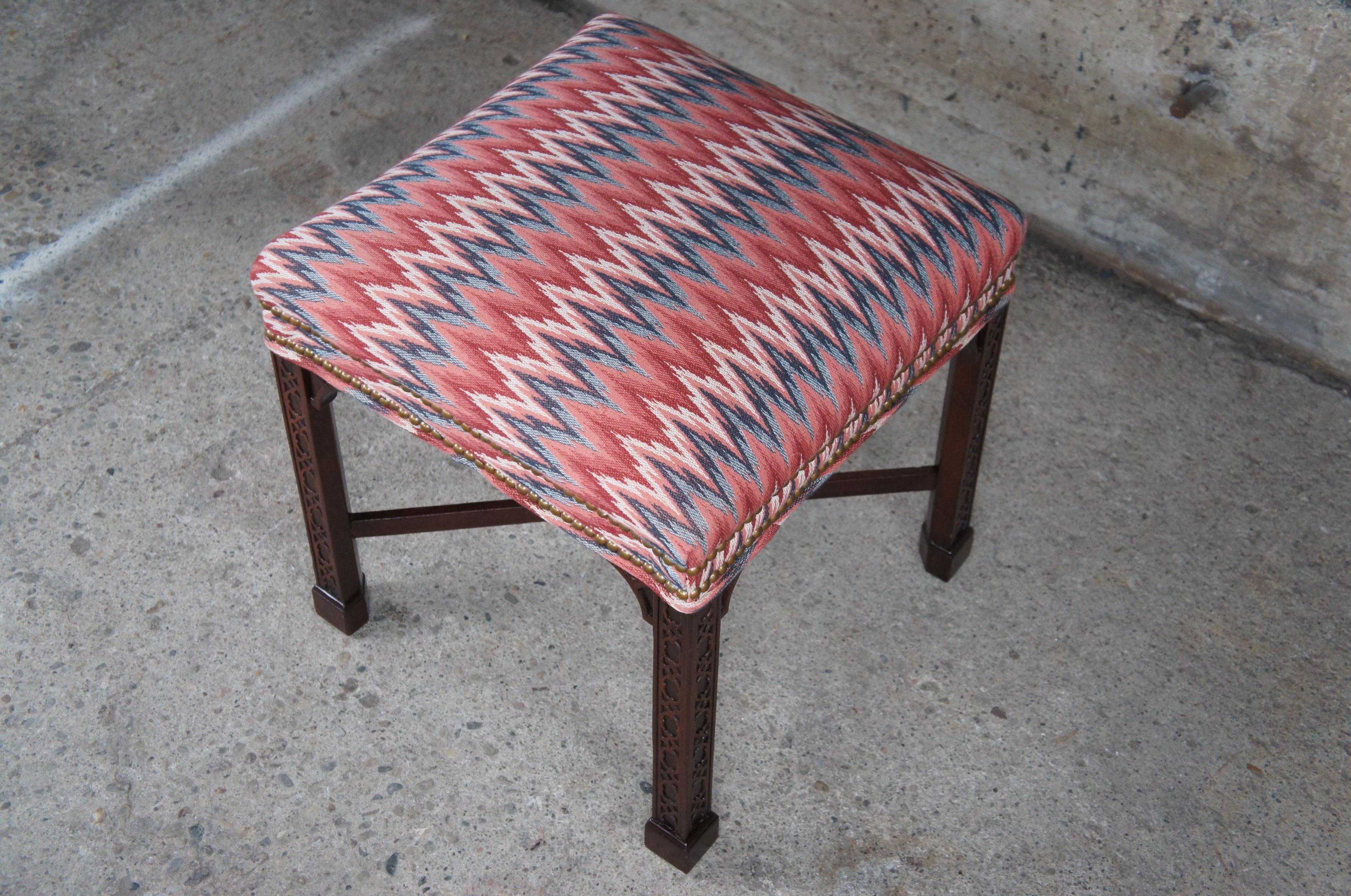 Hickory Chair Chinese Chippendale Mahogany Foot Stool Chevron Fabric Ottoman 8