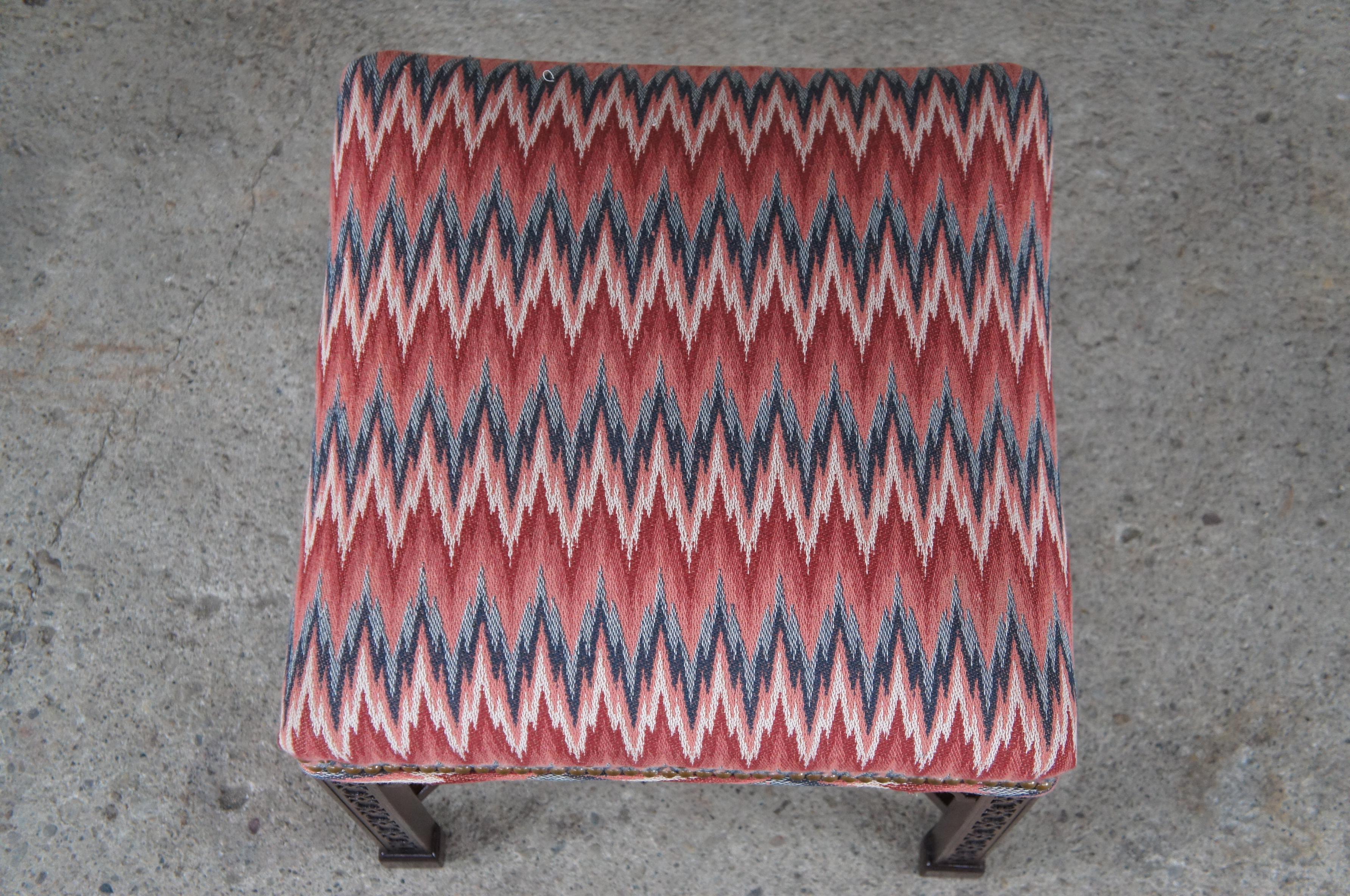 20th Century Hickory Chair Chinese Chippendale Mahogany Foot Stool Chevron Fabric Ottoman