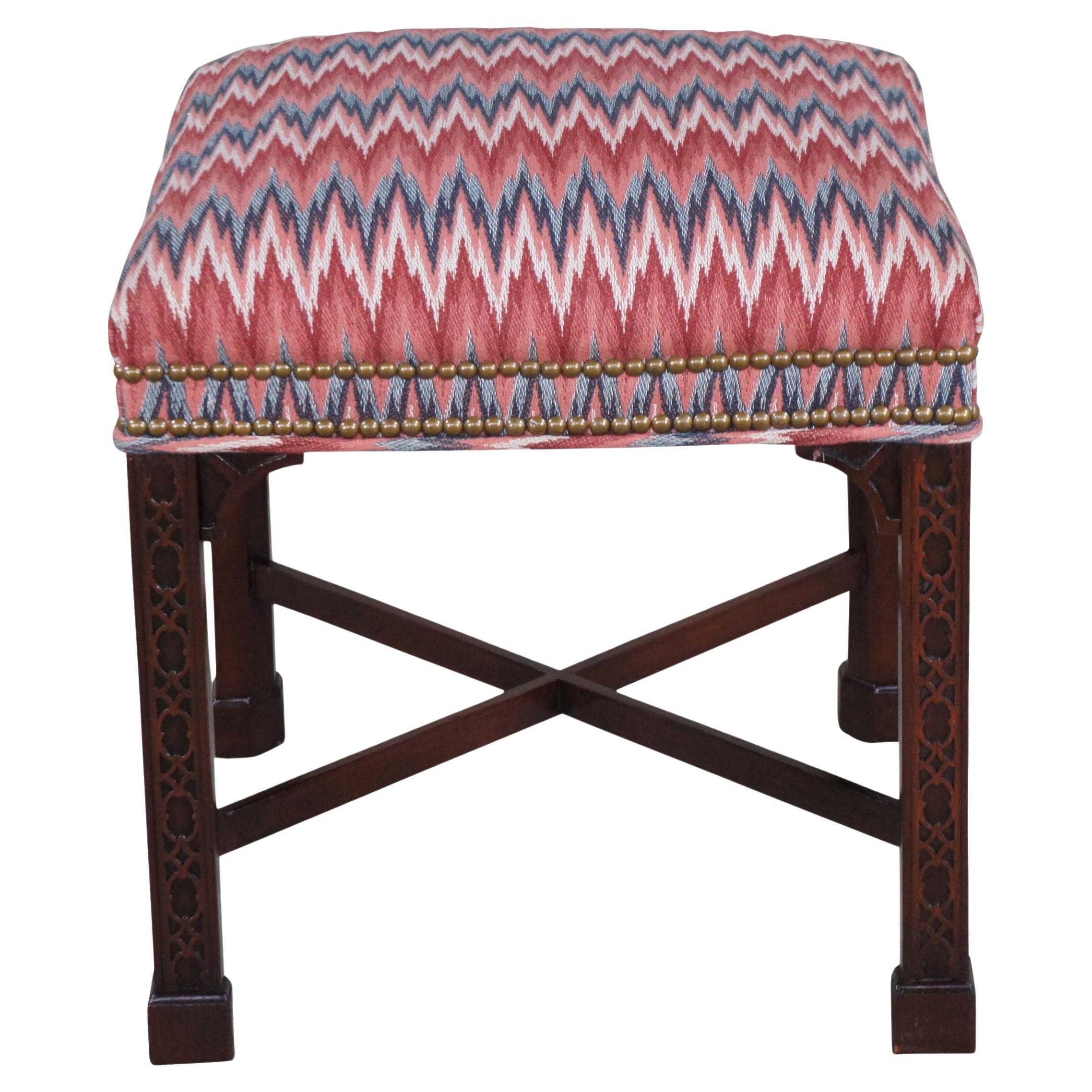 Hickory Chair Chinese Chippendale Mahogany Foot Stool Chevron Fabric Ottoman