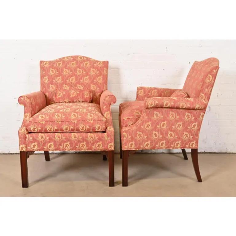 Hickory Chair Chippendale Carved Mahogany Upholstered Lounge Chairs, Pair 4