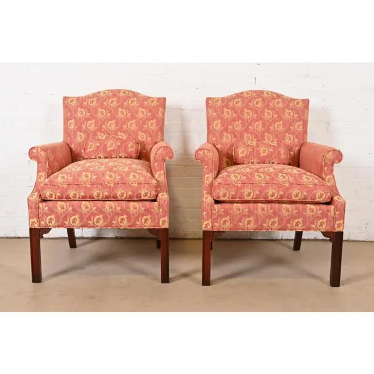 American Hickory Chair Chippendale Carved Mahogany Upholstered Lounge Chairs, Pair