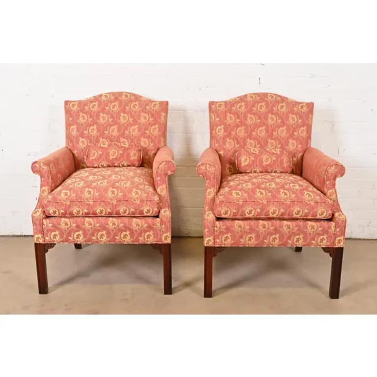 Hickory Chair Chippendale Carved Mahogany Upholstered Lounge Chairs, Pair In Good Condition In South Bend, IN