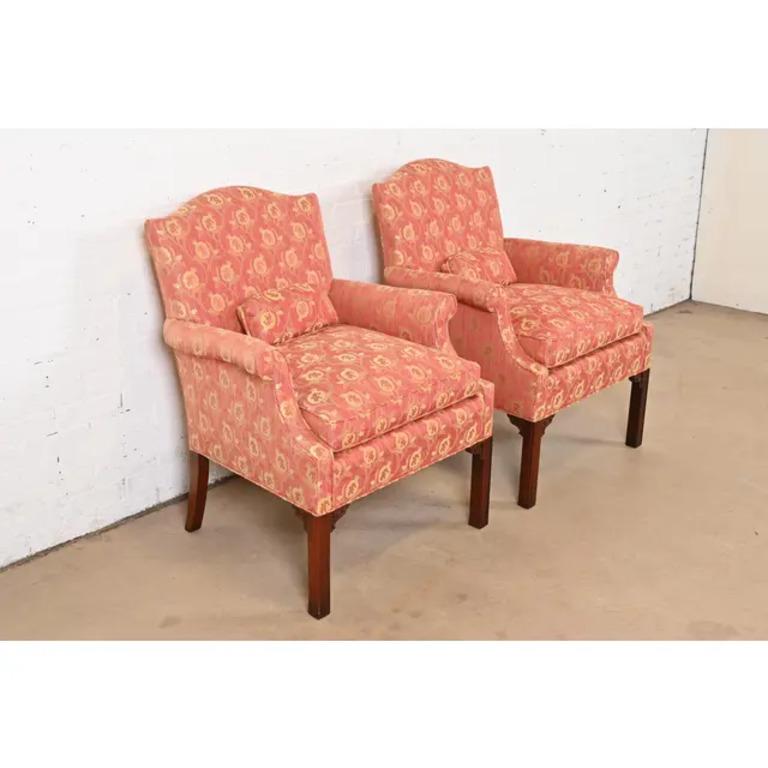 20th Century Hickory Chair Chippendale Carved Mahogany Upholstered Lounge Chairs, Pair