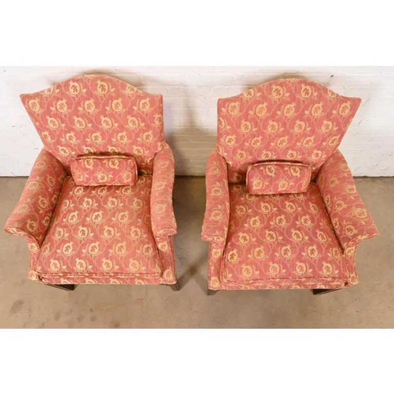 Upholstery Hickory Chair Chippendale Carved Mahogany Upholstered Lounge Chairs, Pair