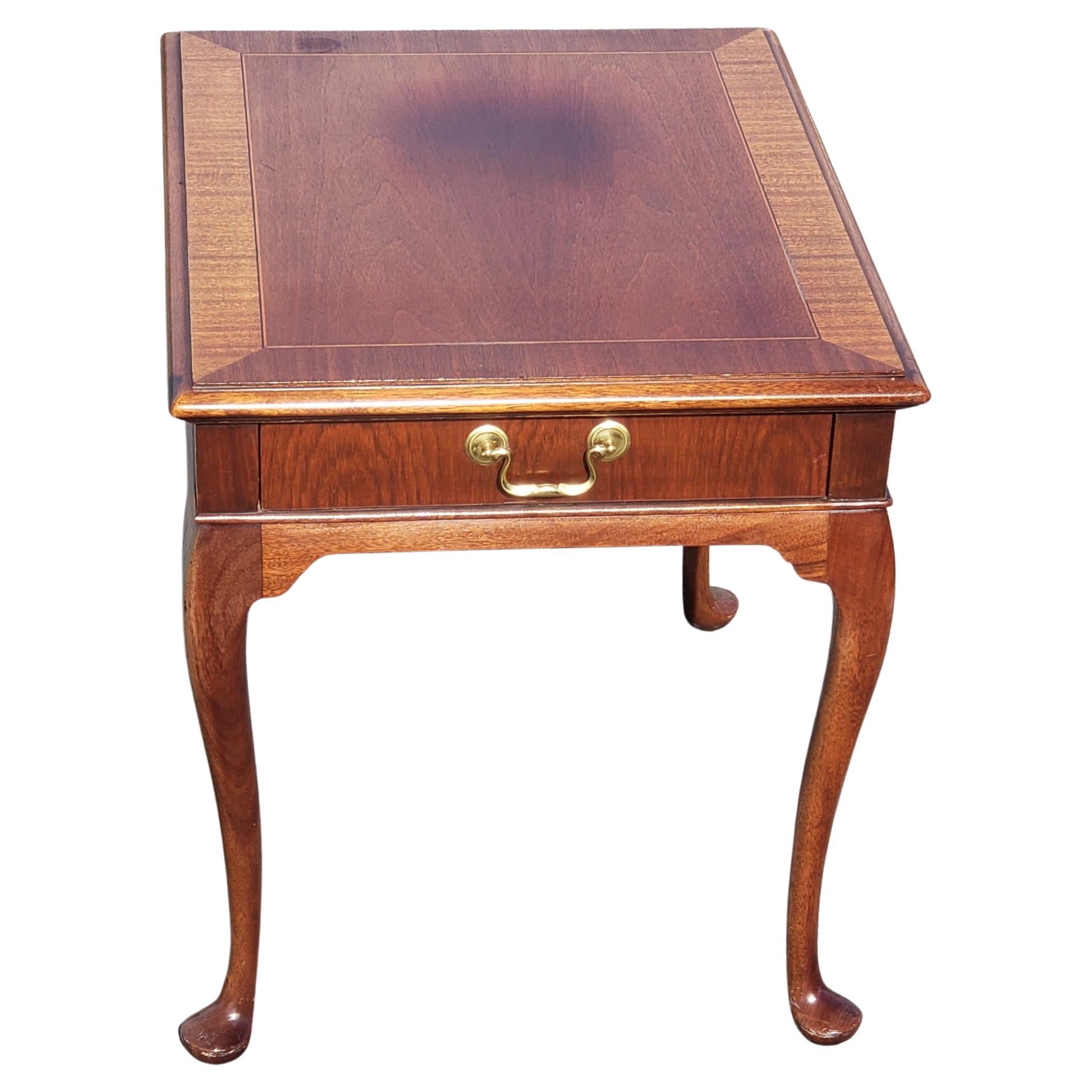 Brass Hickory Chair Chippendale Mahogany Banded Top Side Table with Queen Ann Legs For Sale