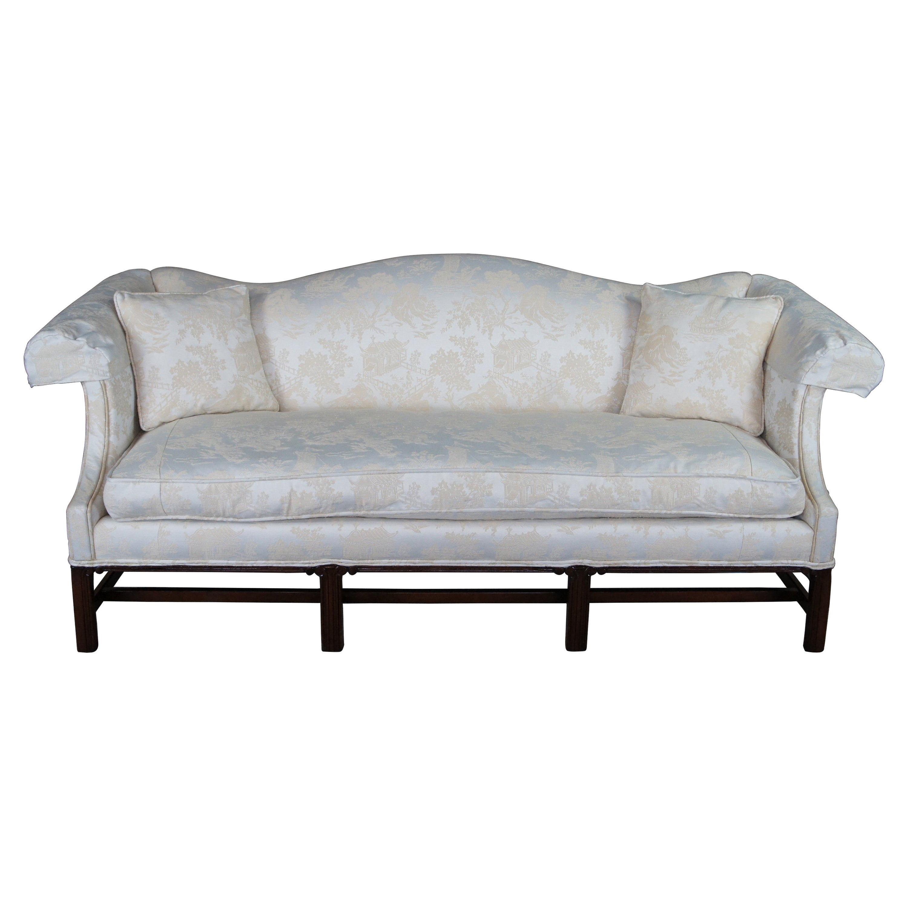 Hickory Chair Chippendale Mahogany Camelback Sofa Rolled Arm Pagoda Scene Couch