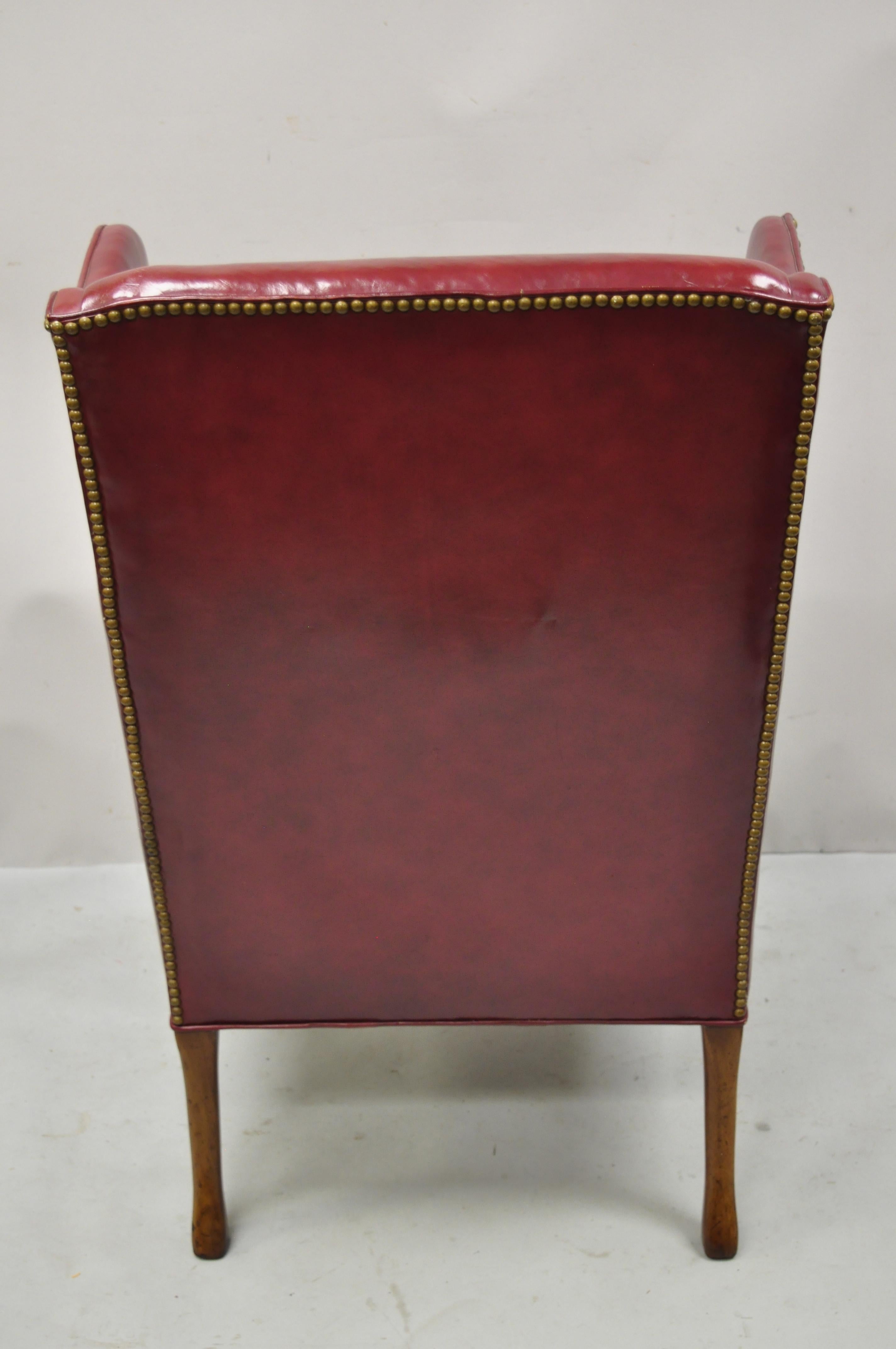 Hickory Chair Co Burgundy Red Leather Queen Anne Georgian Wingback Lounge Chair 2
