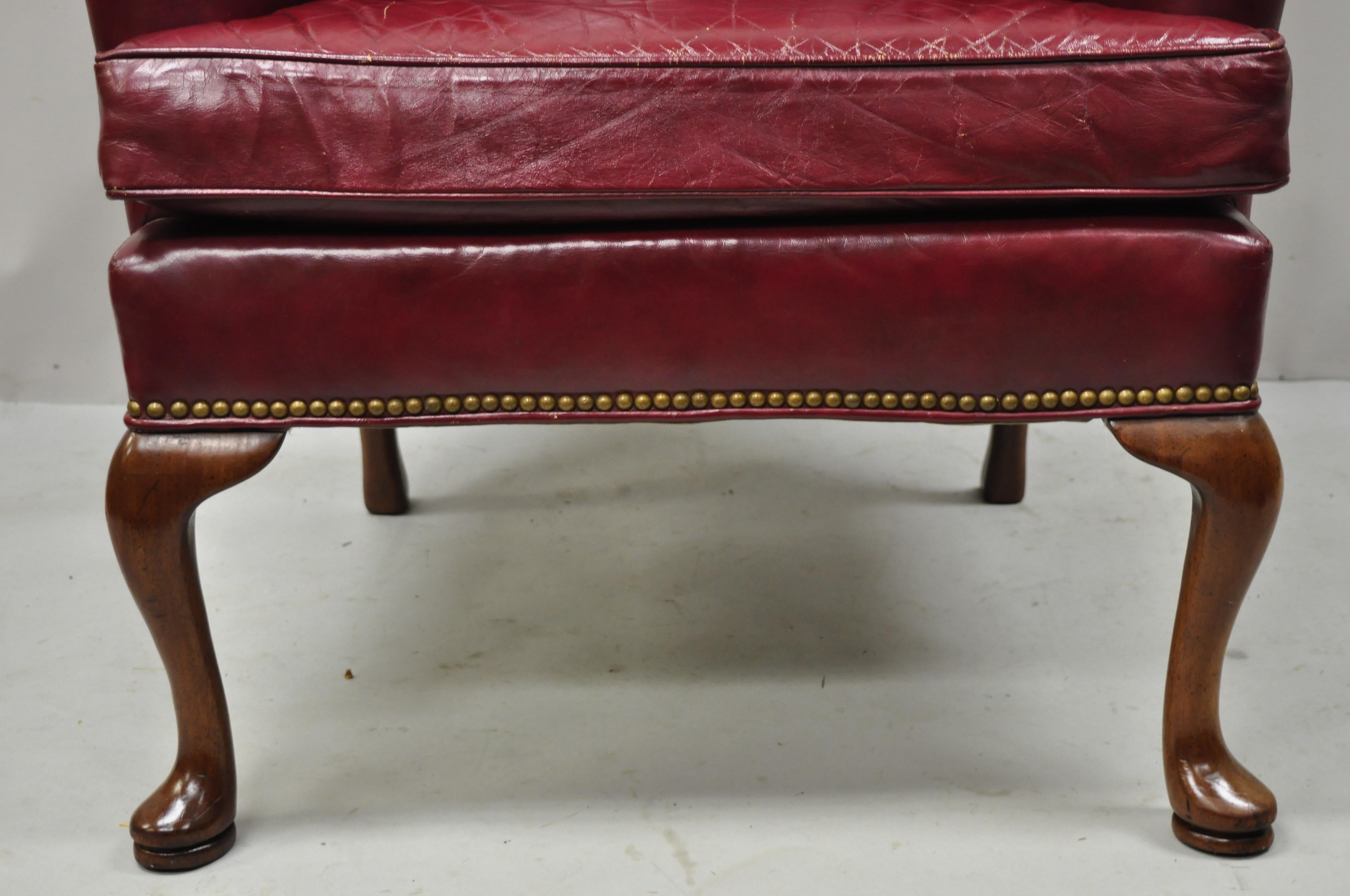 Hickory Chair Co Burgundy Red Leather Queen Anne Georgian Wingback Lounge Chair 3