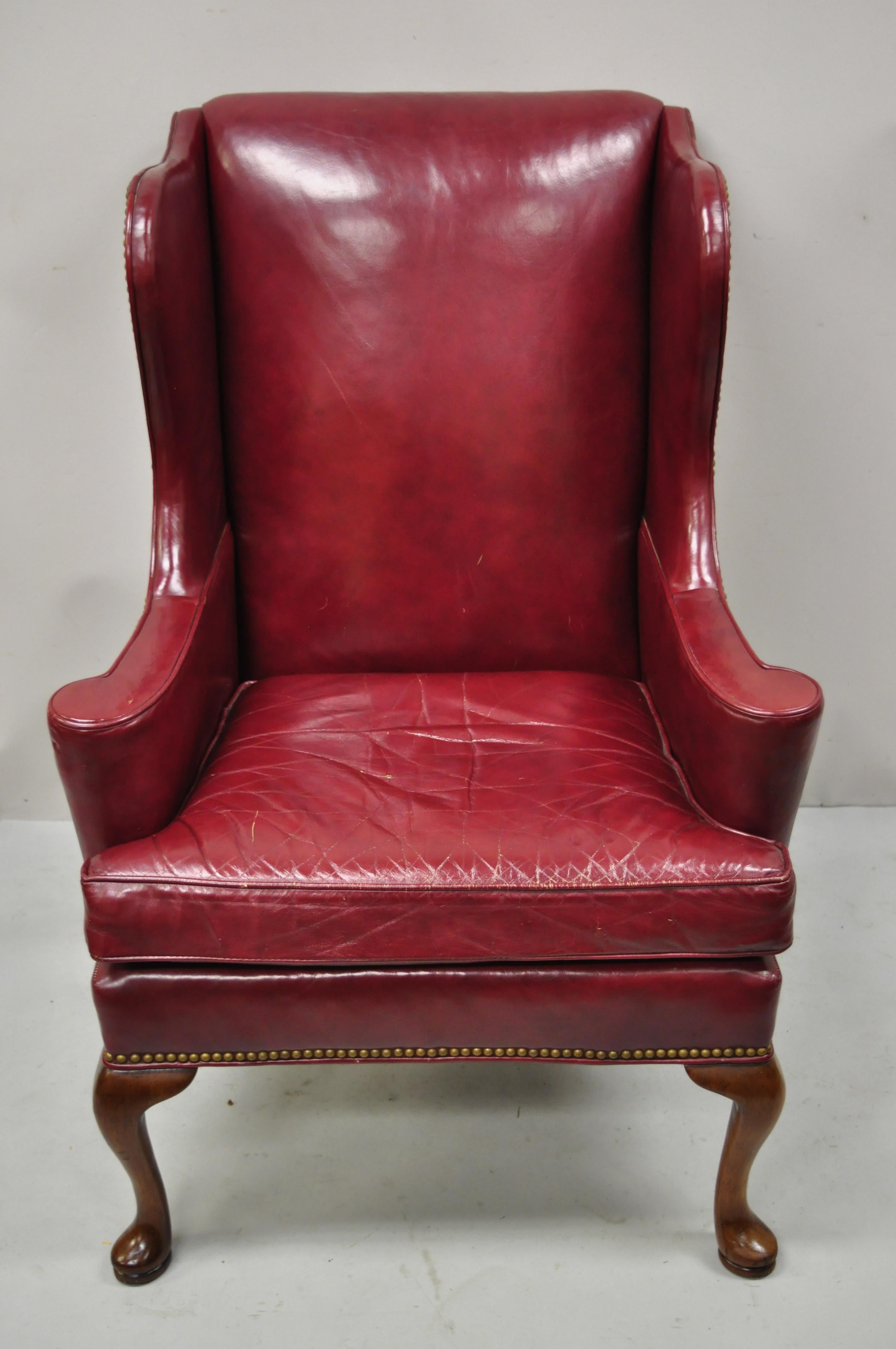 Hickory Chair Co Burgundy Red Leather Queen Anne Georgian Wingback Lounge Chair 4