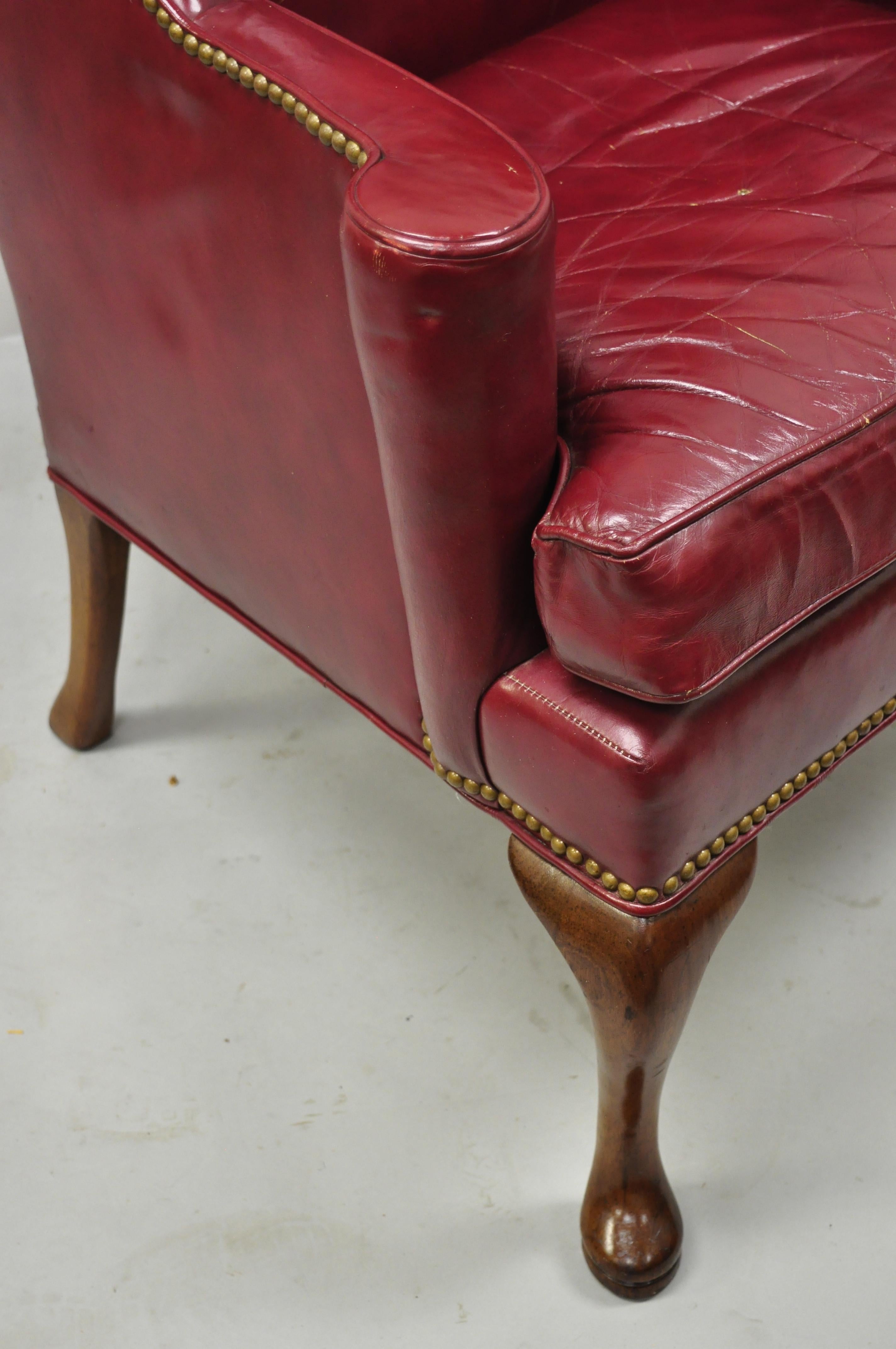 20th Century Hickory Chair Co Burgundy Red Leather Queen Anne Georgian Wingback Lounge Chair