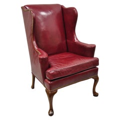 Hickory Chair Co Burgundy Red Leather Queen Anne Georgian Wingback Lounge Chair