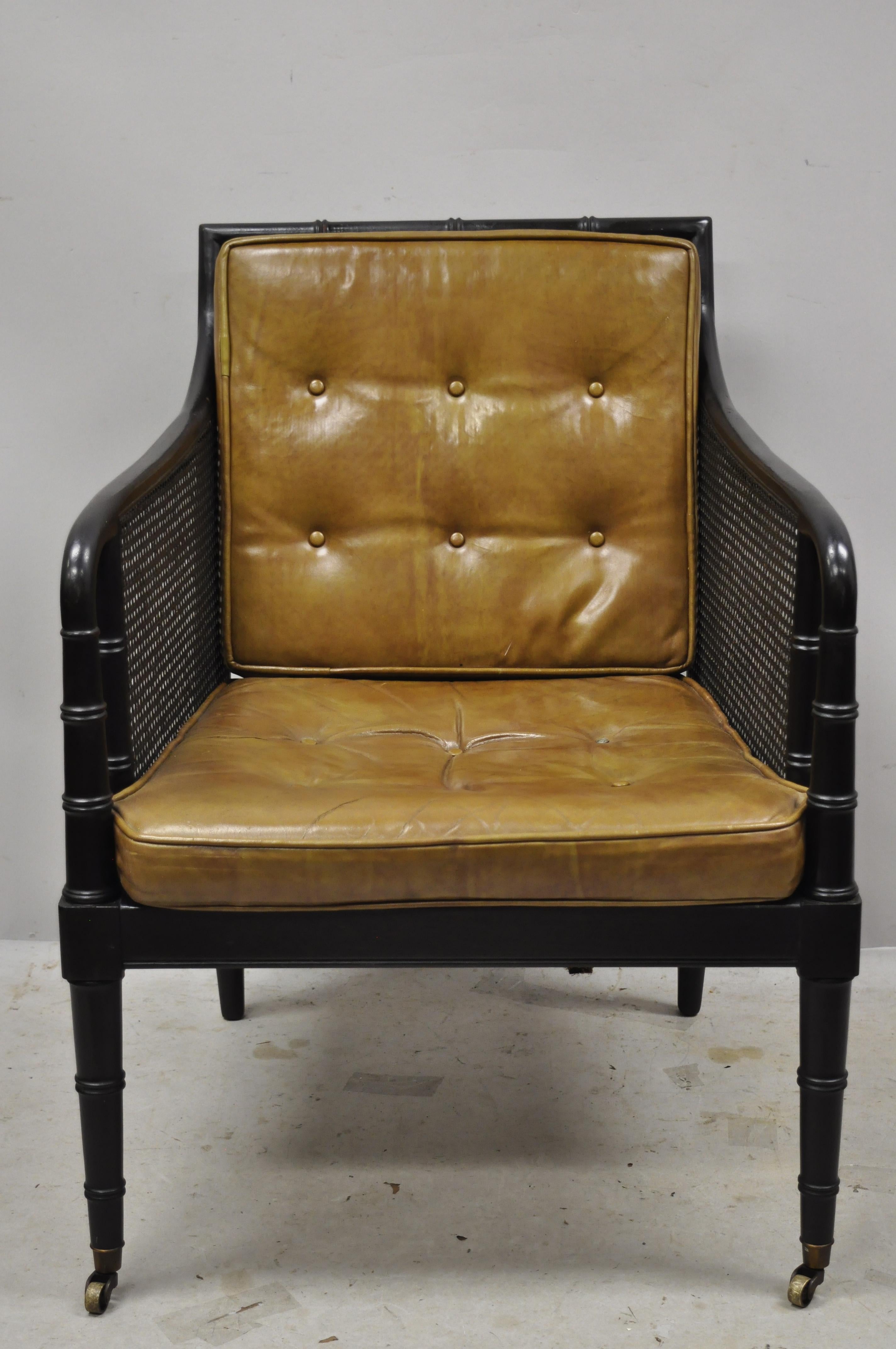 Chinese Chippendale Hickory Chair Co Campaign Ebonized Regency Faux Bamboo Leather Armchair Ottoman