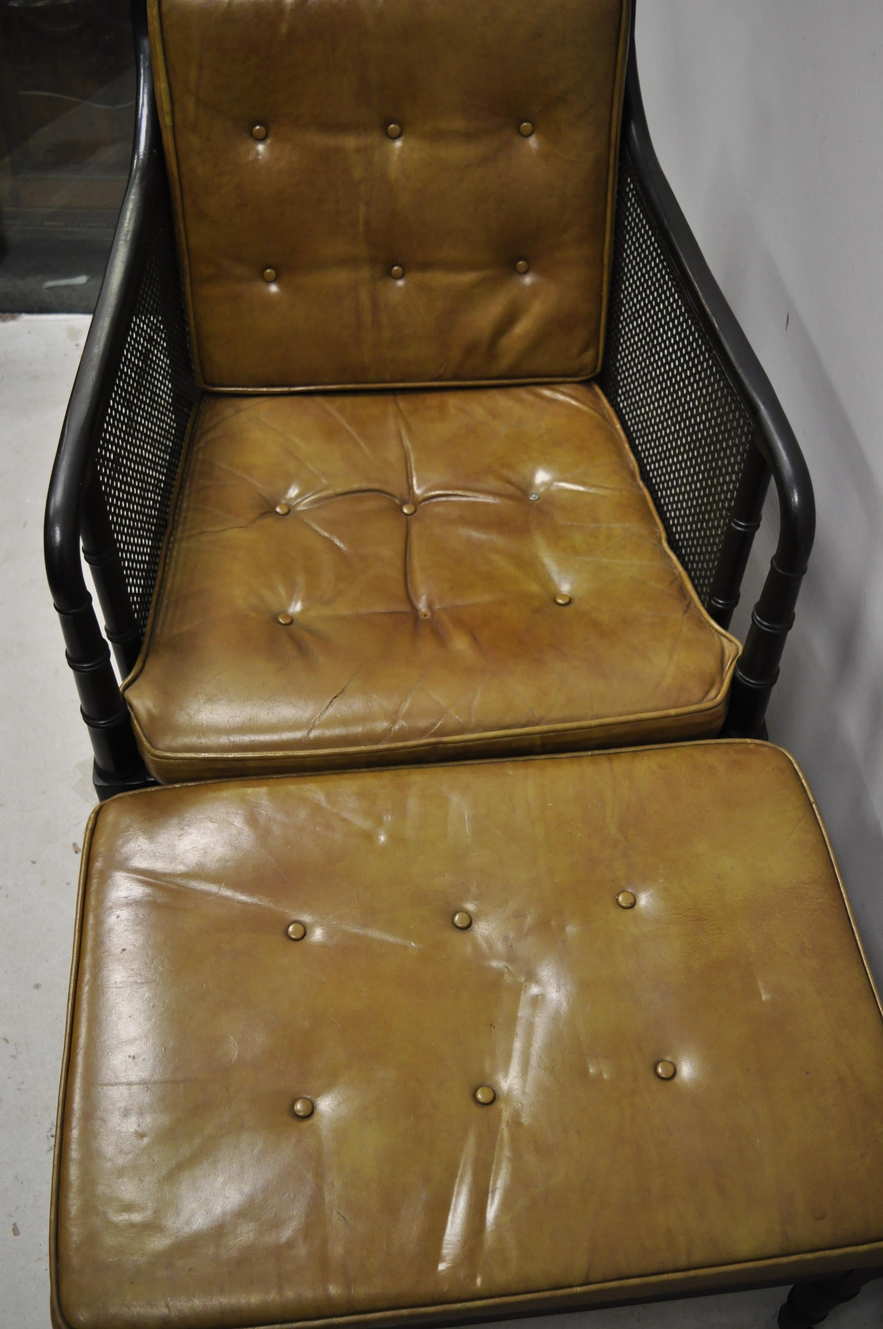 Hickory Chair Co Campaign Ebonized Regency Faux Bamboo Leather Armchair Ottoman In Good Condition In Philadelphia, PA