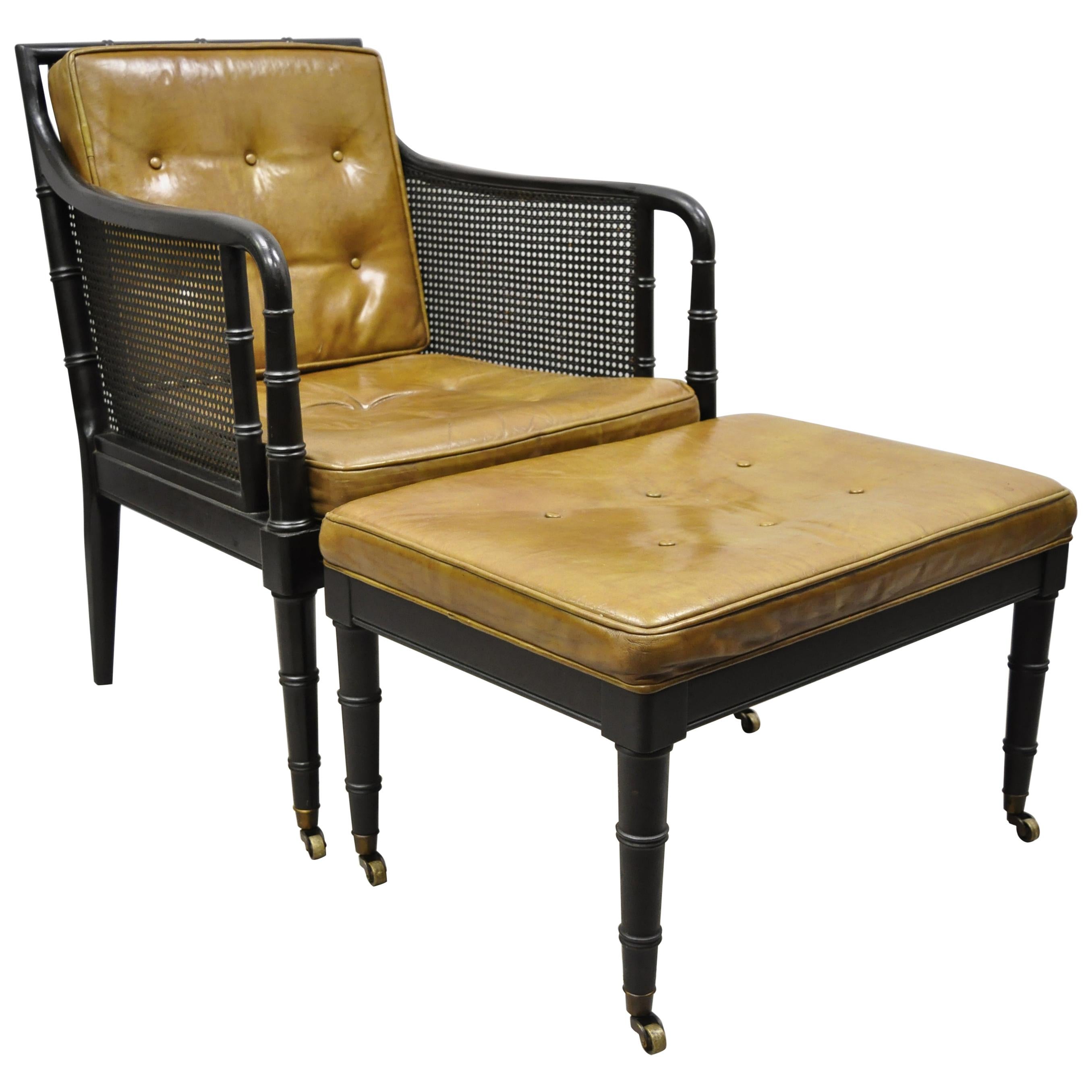 Hickory Chair Co Campaign Ebonized Regency Faux Bamboo Leather Armchair Ottoman