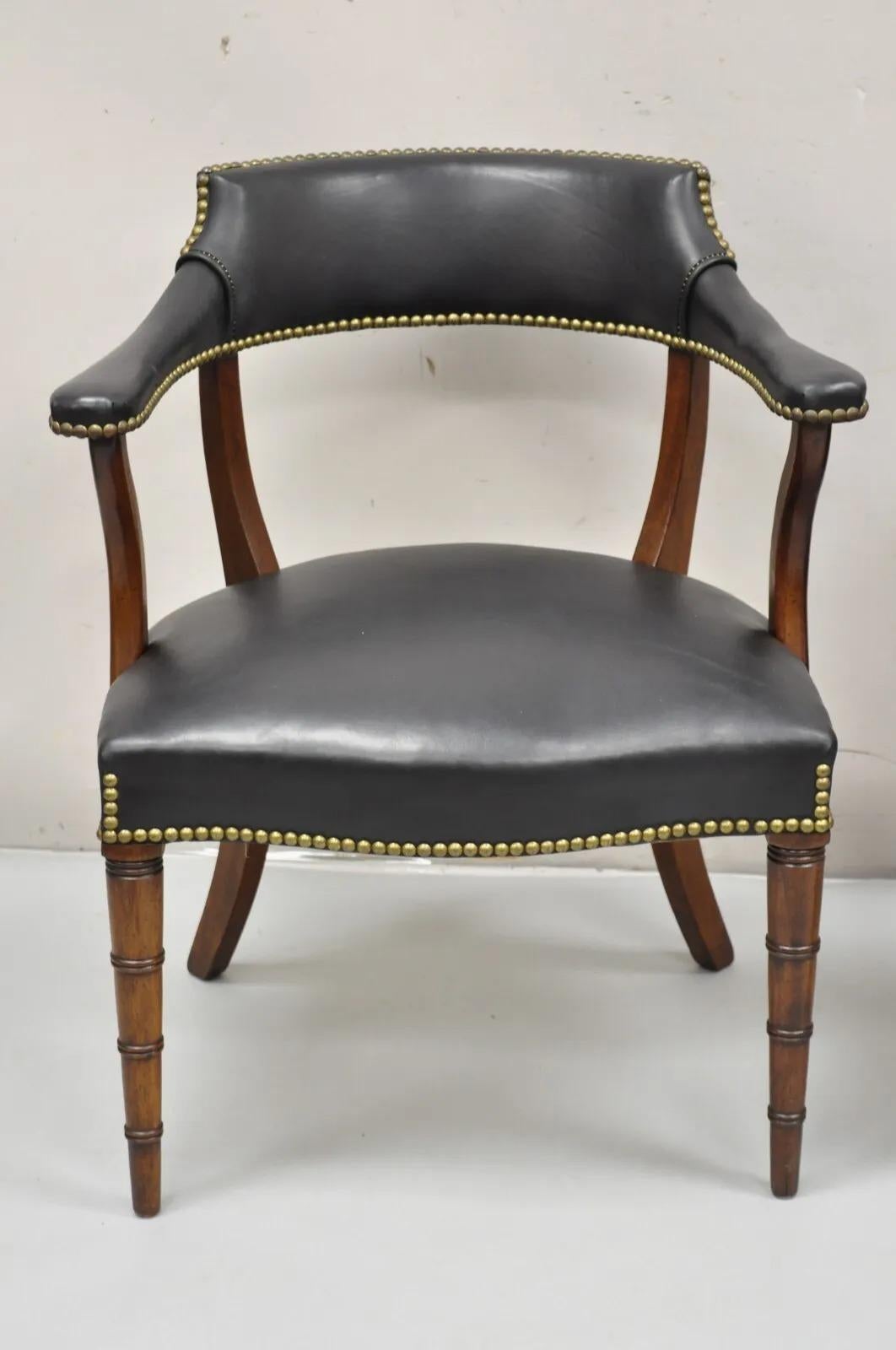 Hickory Chair Co Regency Style Mahogany & Black Leather Club Arm Chairs - a Pair In Good Condition In Philadelphia, PA