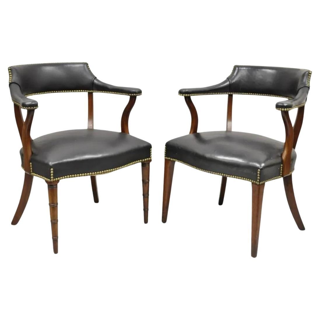 Hickory Chair Co Regency Style Mahogany & Black Leather Club Arm Chairs - a Pair