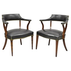 Vintage Hickory Chair Co Regency Style Mahogany & Black Leather Club Arm Chairs - a Pair