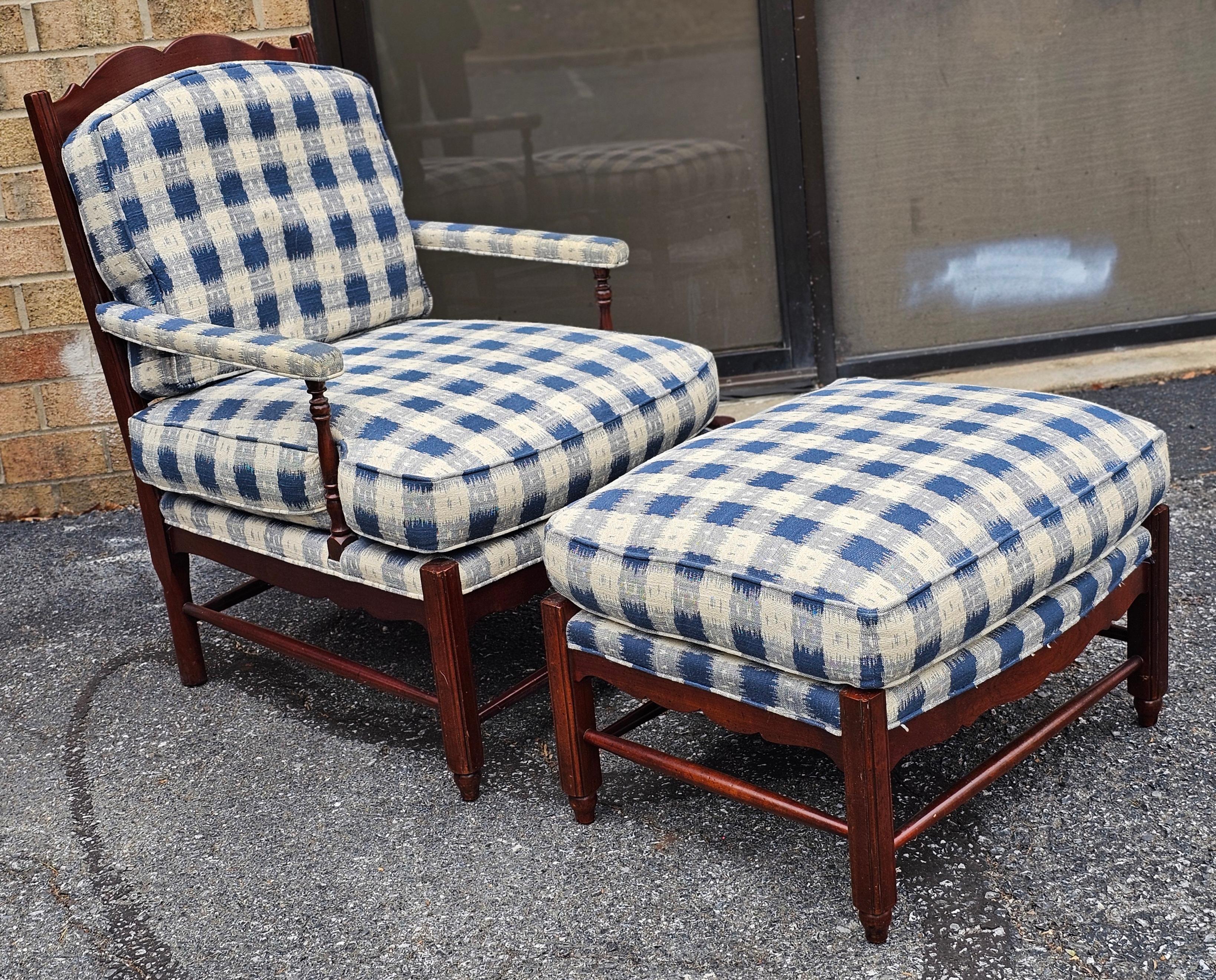 Mid-Century Modern Hickory Chair Colonial Revival Cherry and Upholstered Lounge Chair & Ottoman Set For Sale