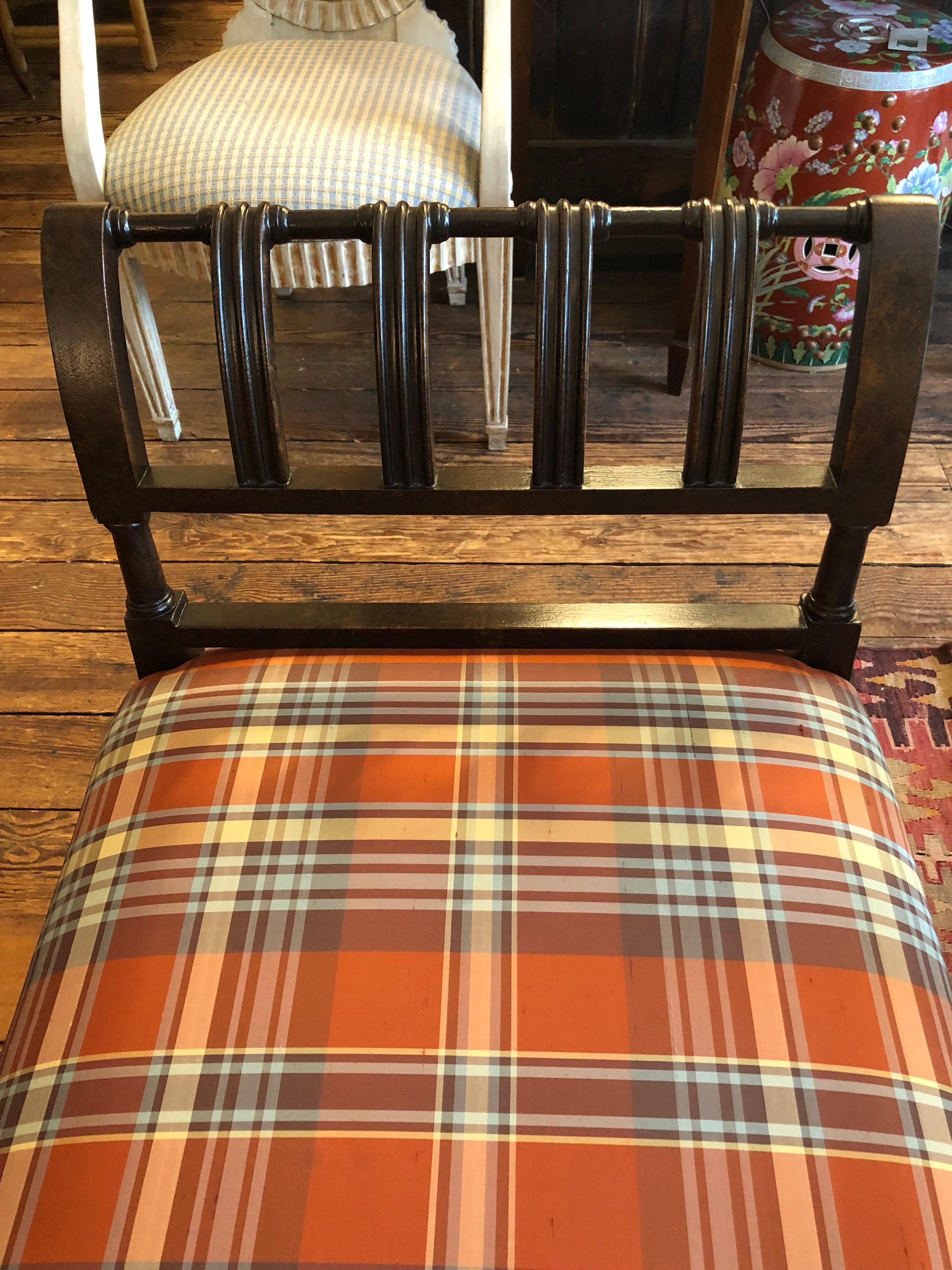 Late 20th Century Hickory Chair Designer Walnut Bench with Plaid Silk Upholstery For Sale