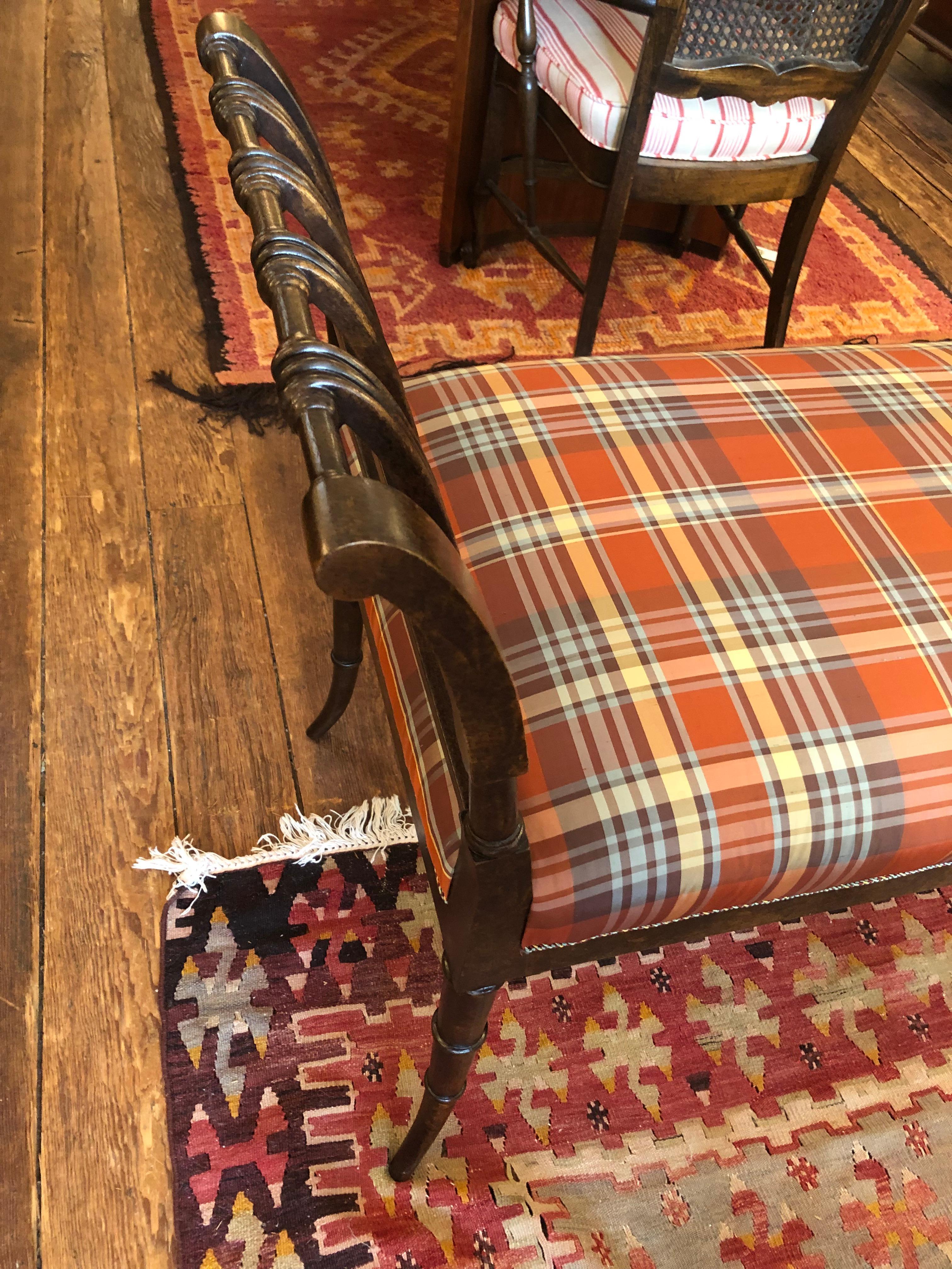 Hickory Chair Designer Walnut Bench with Plaid Silk Upholstery For Sale 2