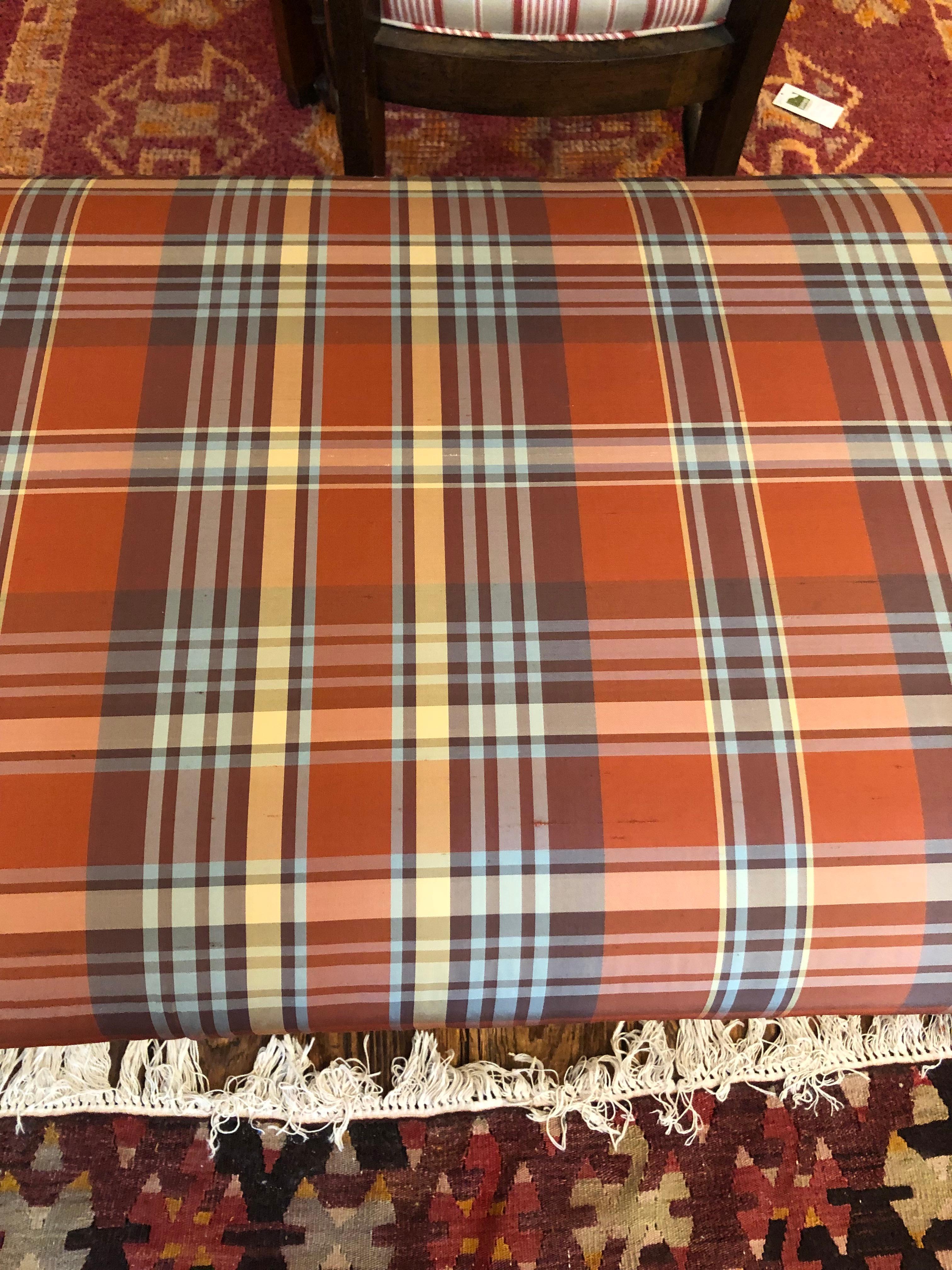 Hickory Chair Designer Walnut Bench with Plaid Silk Upholstery For Sale 4
