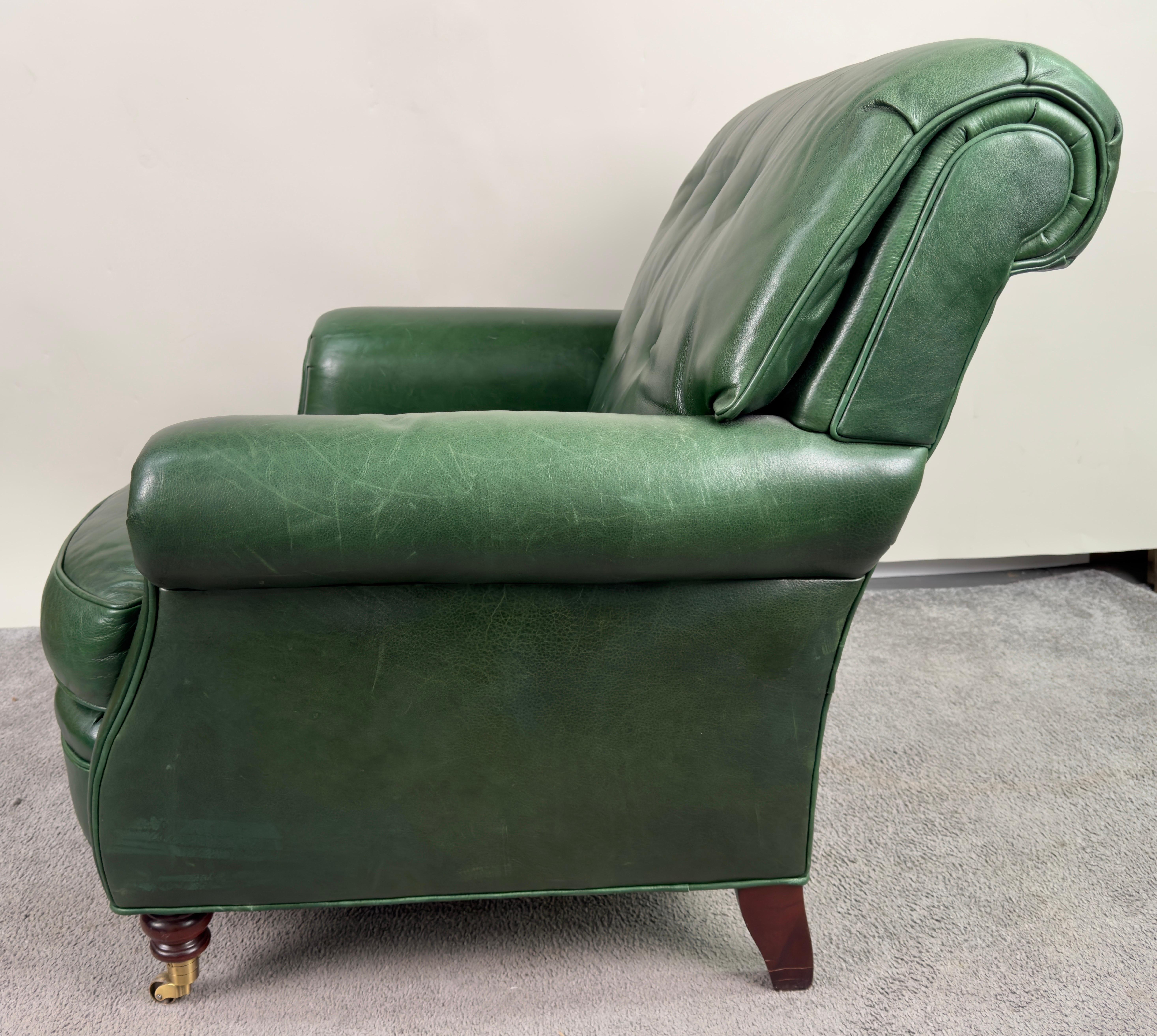 Hickory Chair English Style Green leather Club Chair  In Good Condition In Plainview, NY