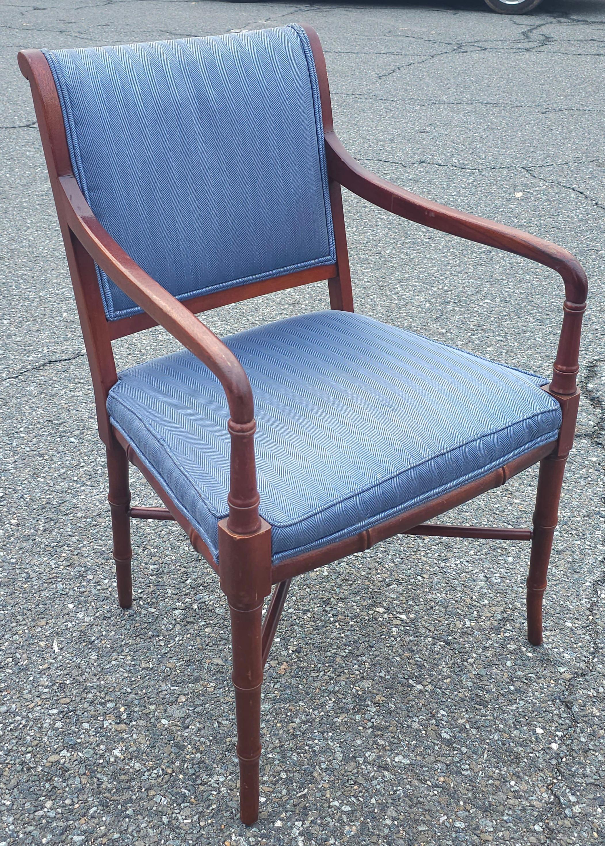 Hickory Chair Faux Bamboo Mahogany and Upholstered Armchair. Measures 23