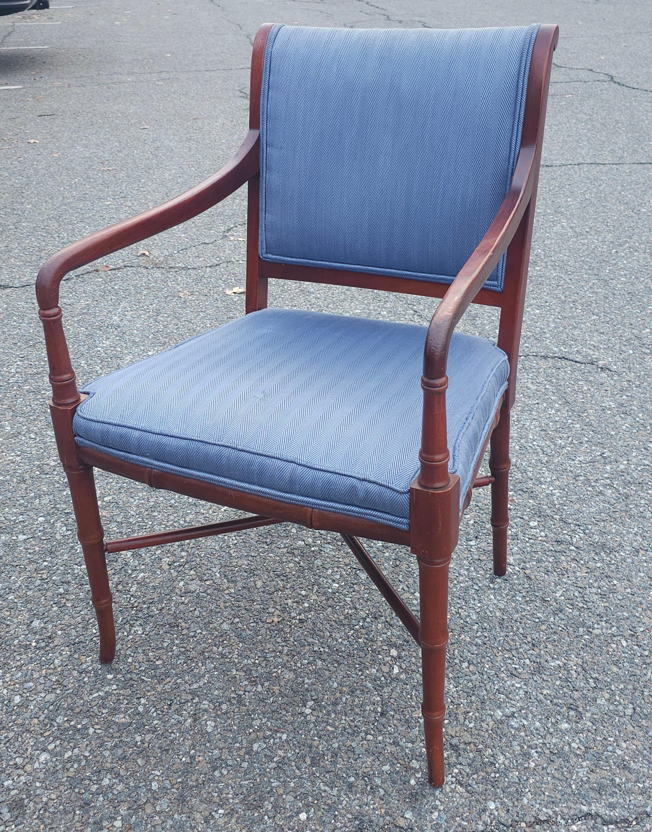Mid-Century Modern Hickory Chair Faux Bamboo Mahogany and Upholstered Armchair For Sale
