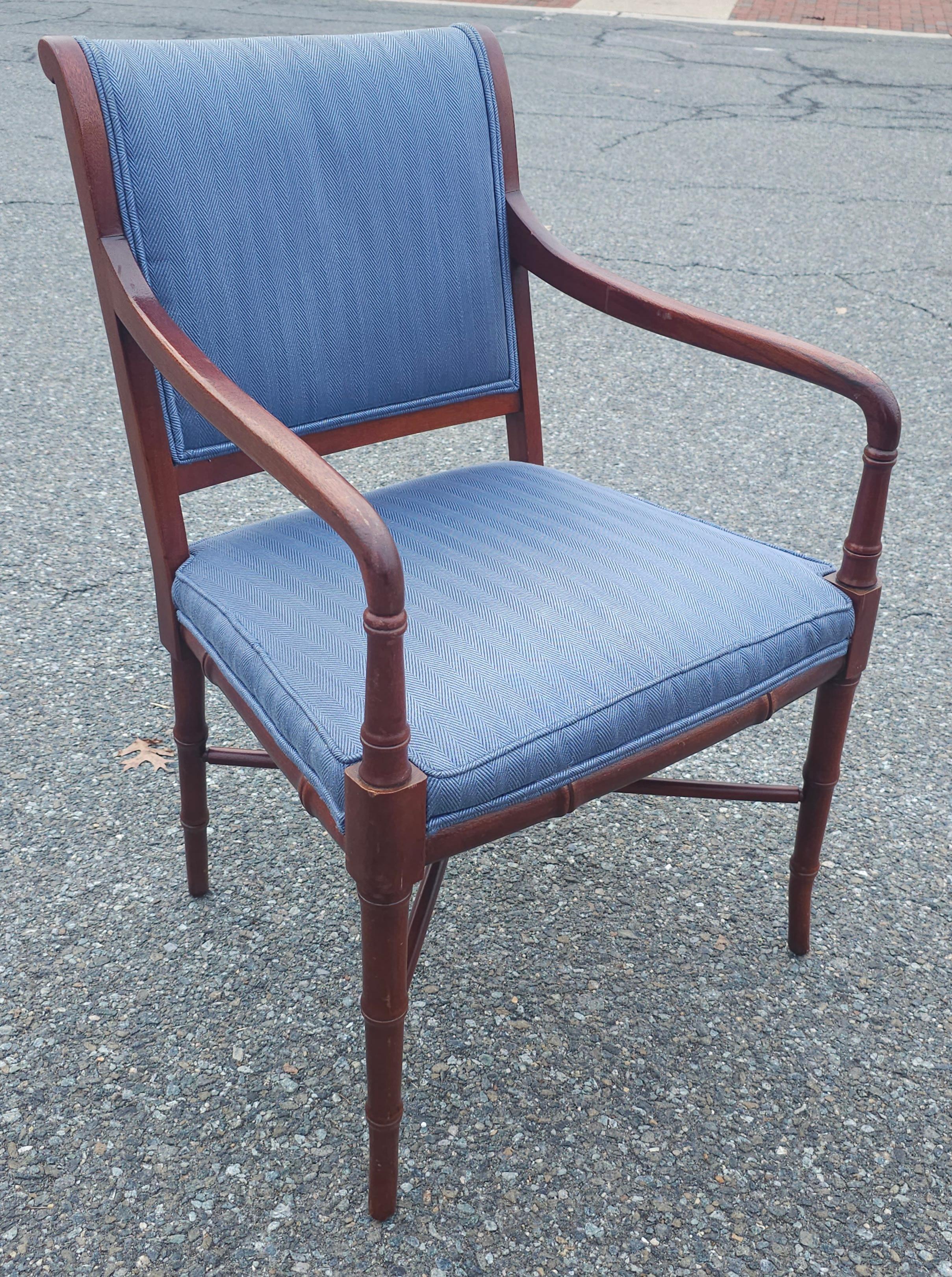 Contemporary Hickory Chair Faux Bamboo Mahogany and Upholstered Armchair For Sale