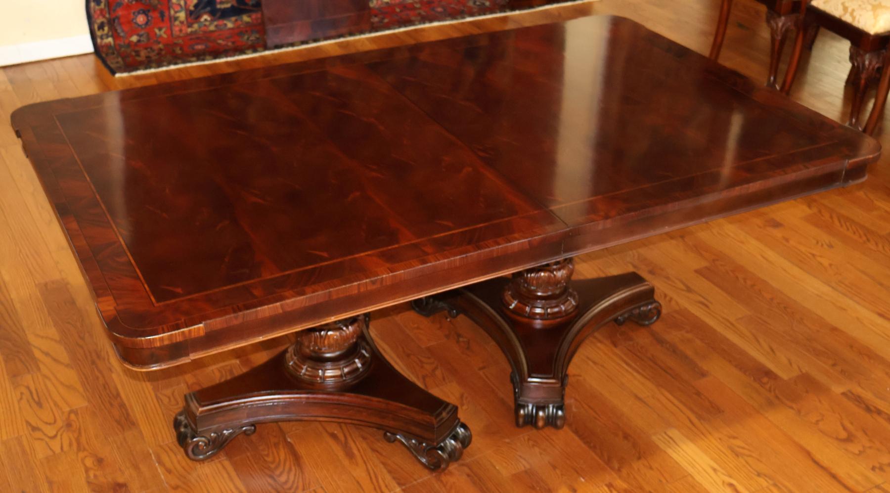 Hickory Chair Flame Mahogany Regency Style Two Pedestal Conference Dining Table

Dimensions : 118