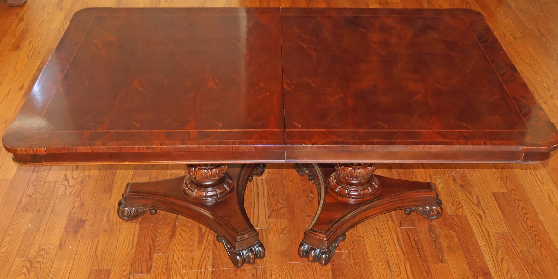 American Hickory Chair Flame Mahogany Regency Style Two Pedestal Conference Dining Table For Sale