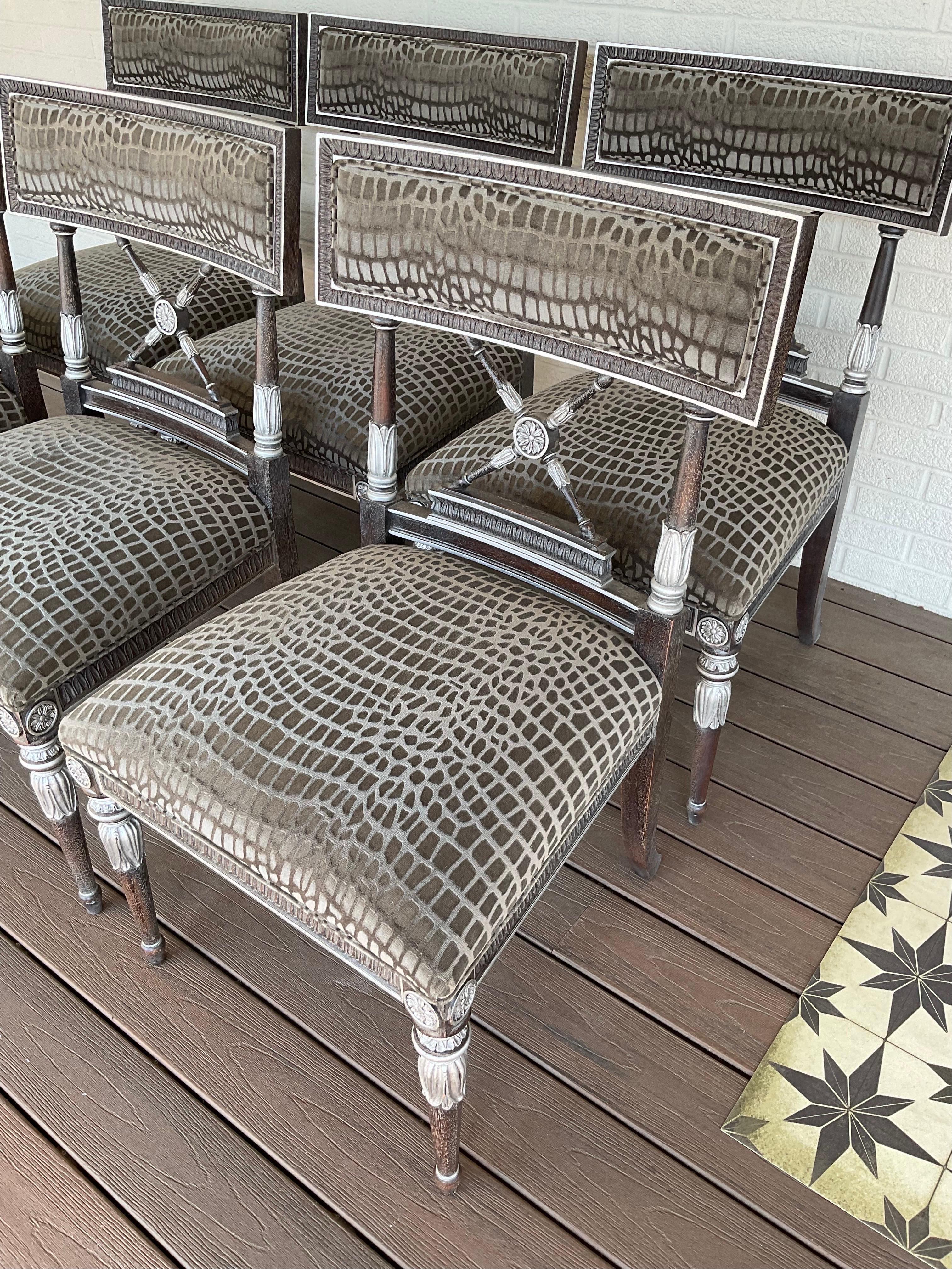 6 Neoclassical Gustavian Style Cerused Dining Chairs with Hand Carved and Silver Leaf accents. Circa 2009 by Hickory Chair. Original condition. Beautifully kept. Upholstery is in excellent useable condition.



Condition Disclosure:
Please