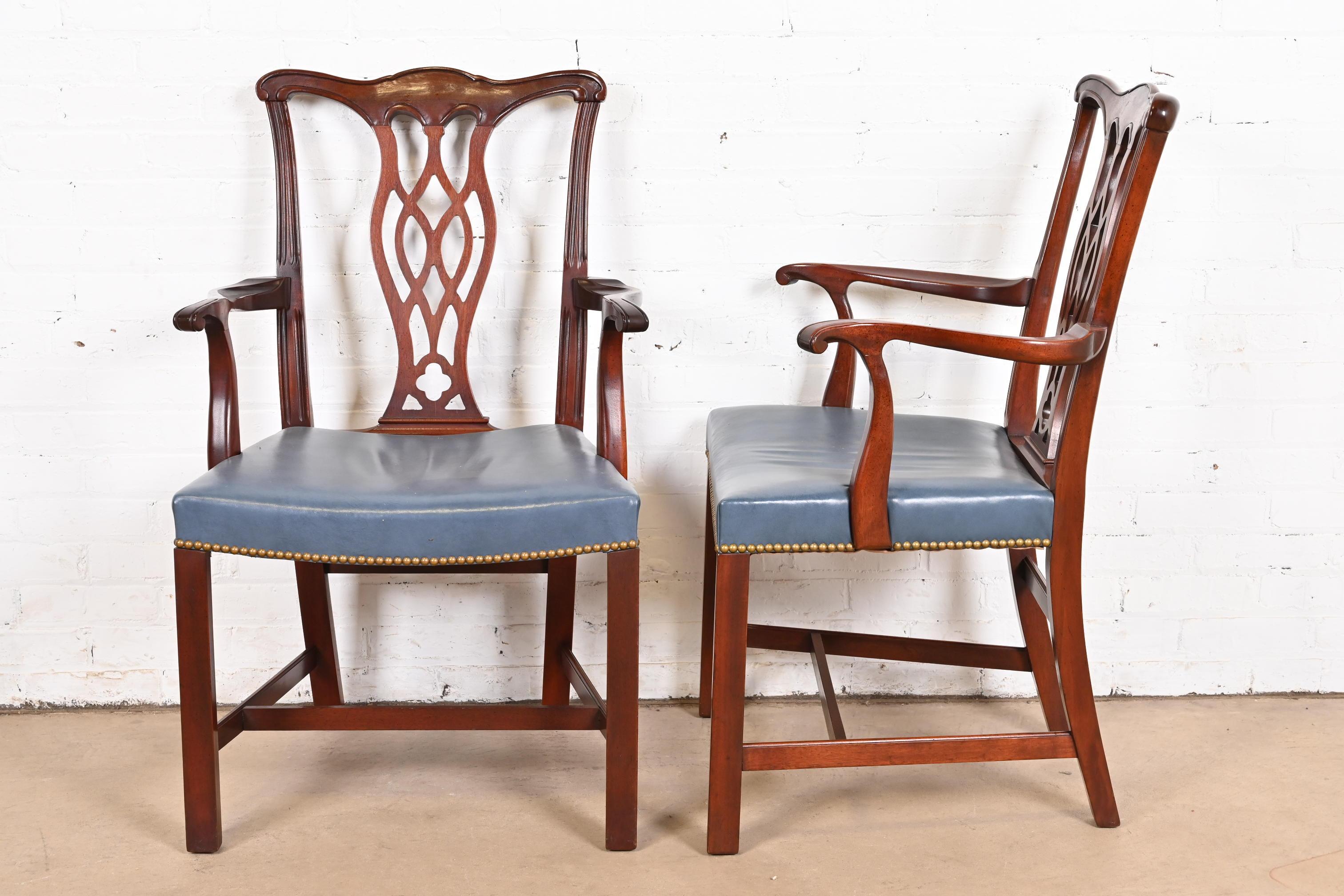Hickory Chair Georgian Carved Mahogany Leather Upholstered Dining Arm Chairs 4