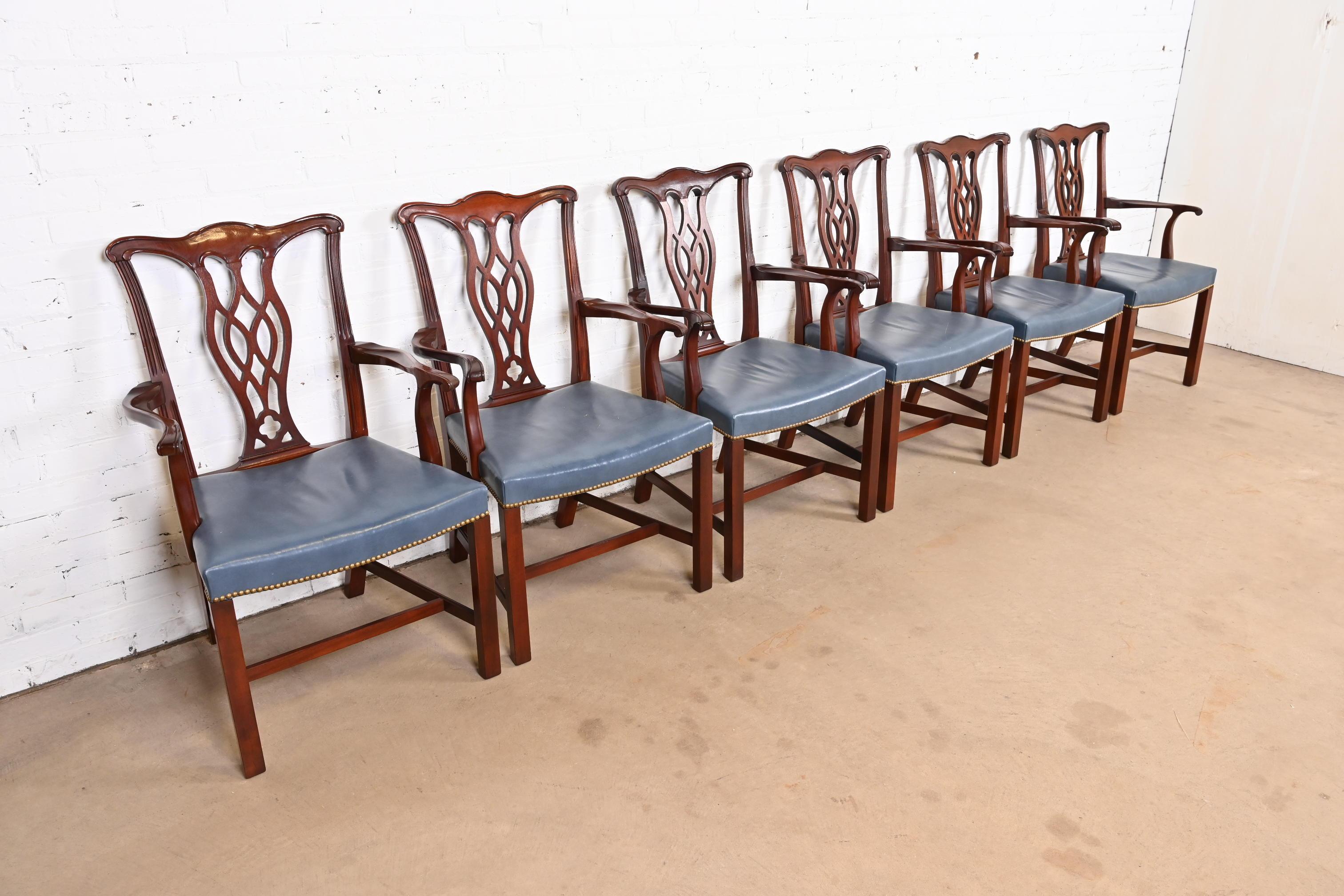 American Hickory Chair Georgian Carved Mahogany Leather Upholstered Dining Arm Chairs