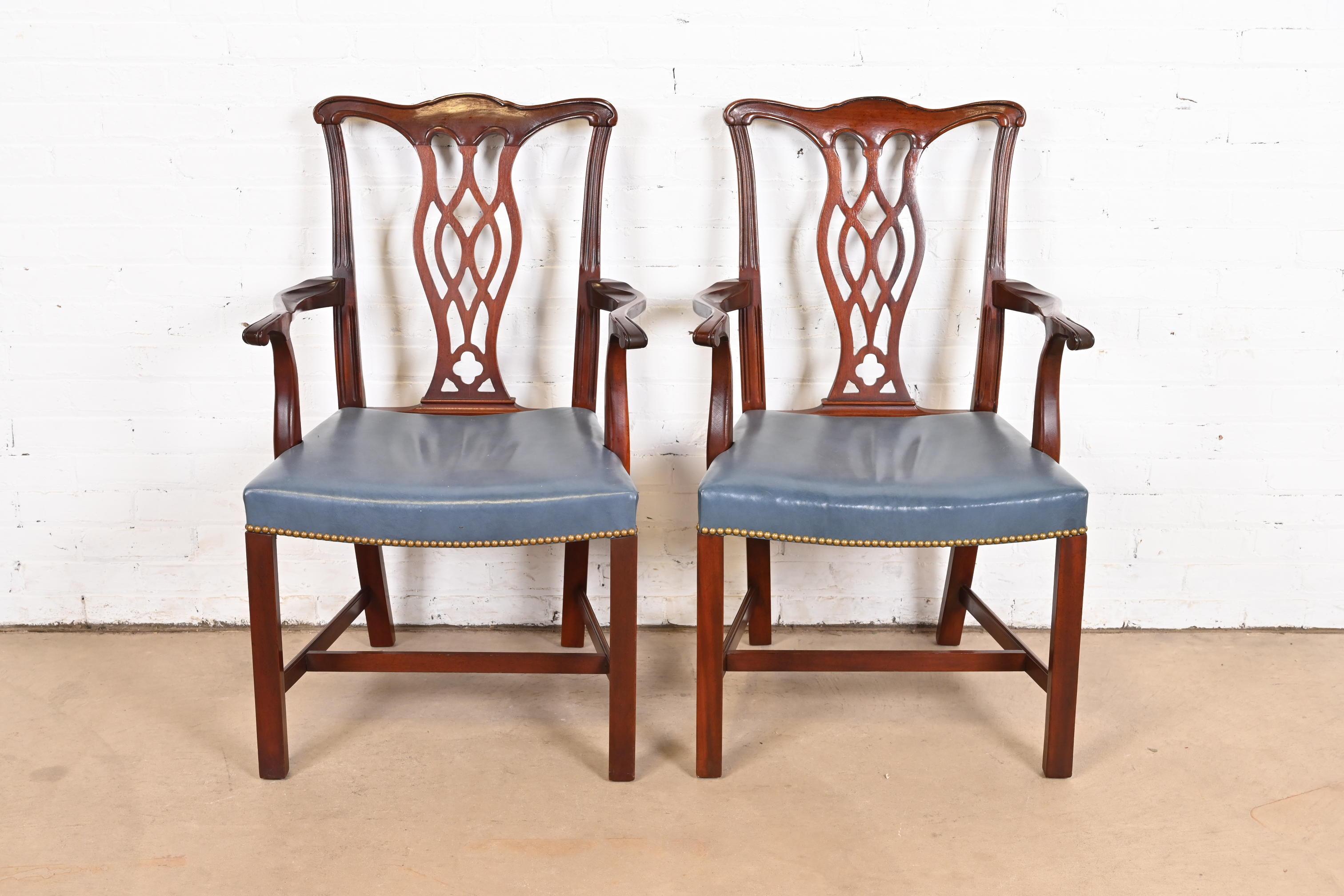 American Hickory Chair Georgian Carved Mahogany Leather Upholstered Dining Arm Chairs For Sale
