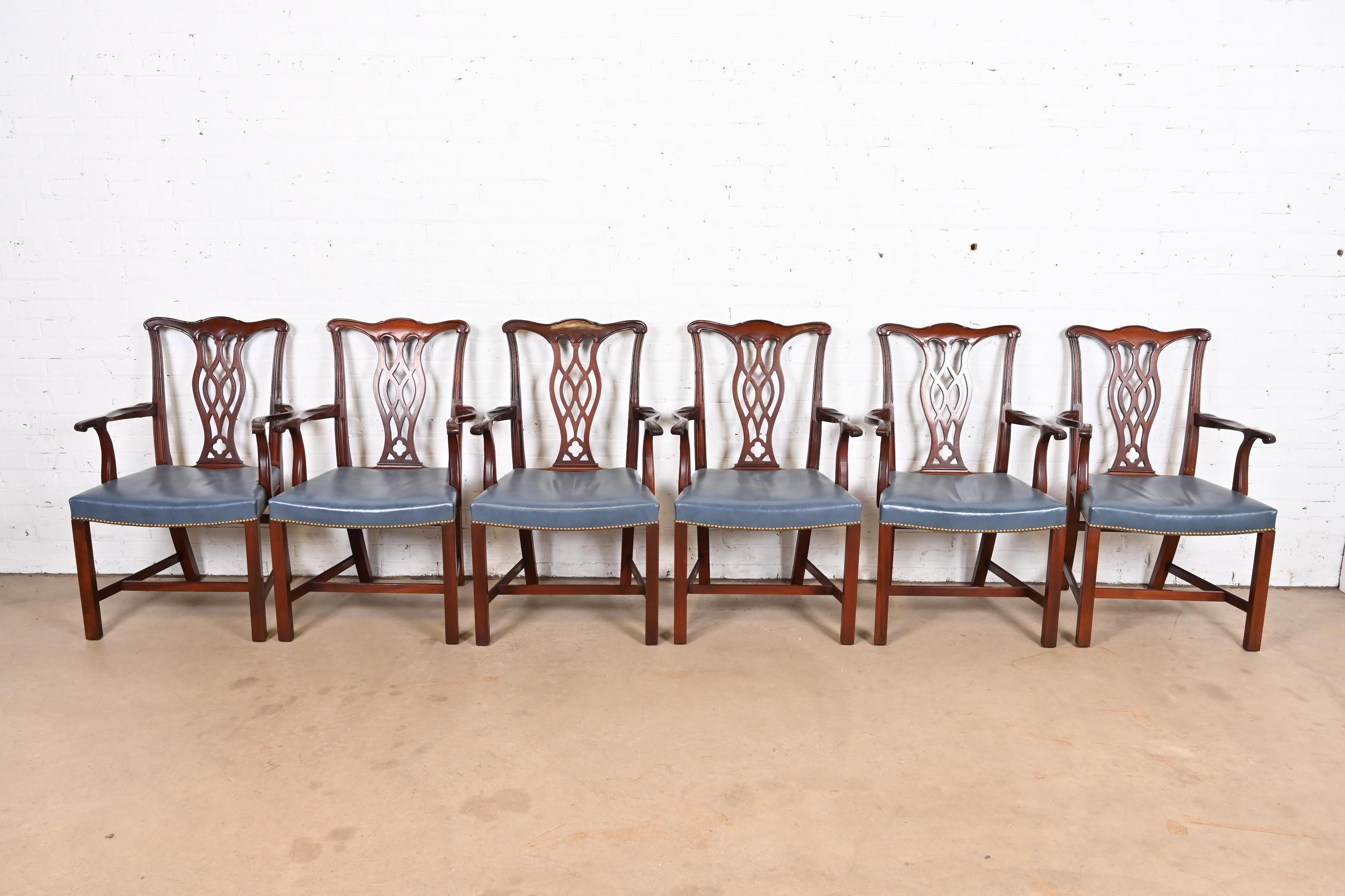 Late 20th Century Hickory Chair Georgian Carved Mahogany Leather Upholstered Dining Arm Chairs