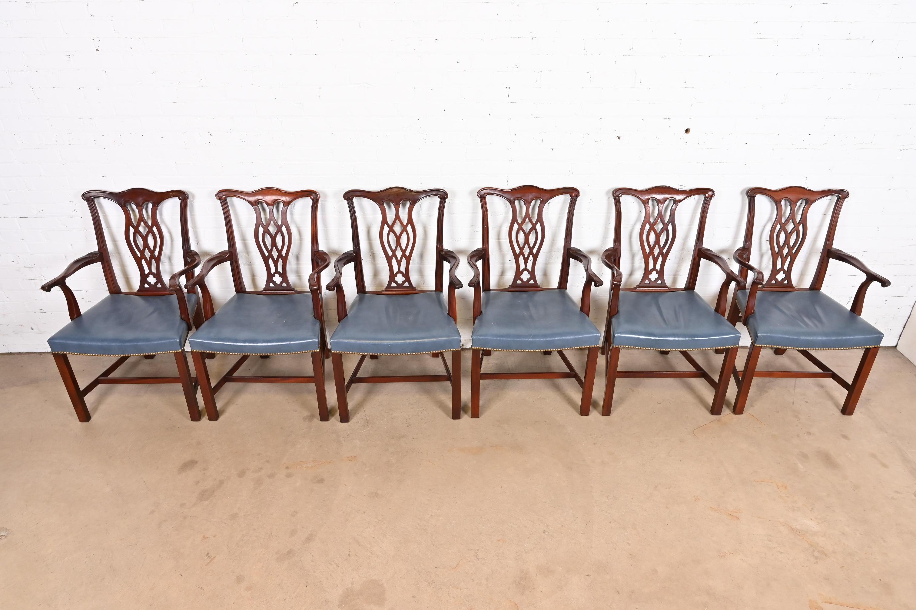 Brass Hickory Chair Georgian Carved Mahogany Leather Upholstered Dining Arm Chairs