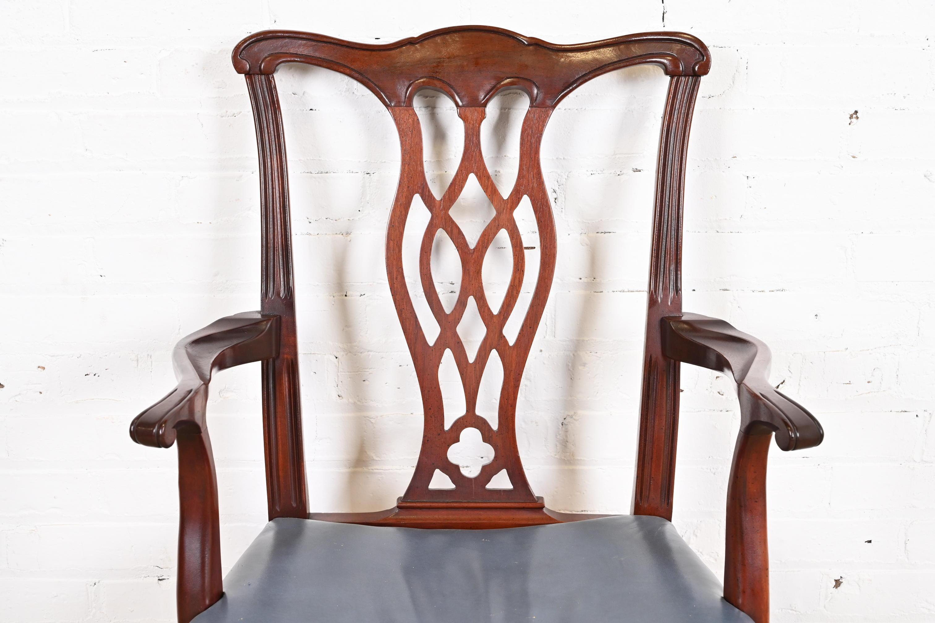 Hickory Chair Georgian Carved Mahogany Leather Upholstered Dining Arm Chairs 2